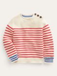 Mini Boden Kids' Nautical Stripe Neck Button Detail Jumper, Ecru Marl/Red/Blue, Ecru Marl/Red/Blue