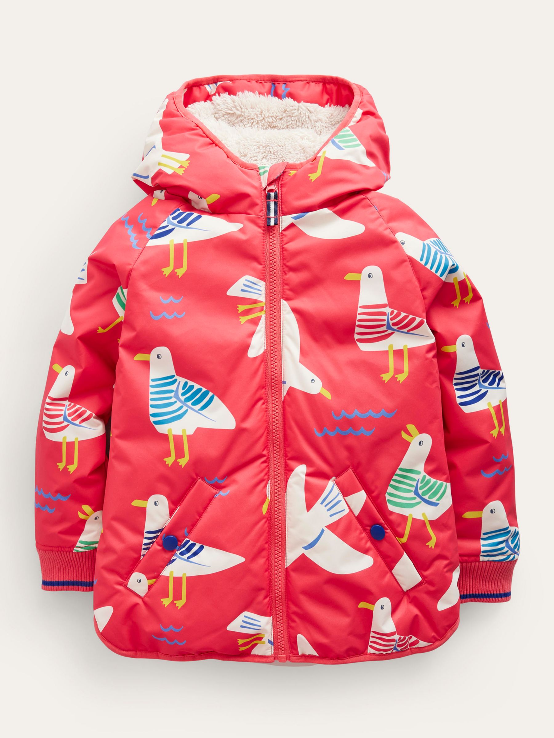 Mini Boden Kids' Seagull Print Faux Sherpa Lined Hooded Anorak, Cayenne ...