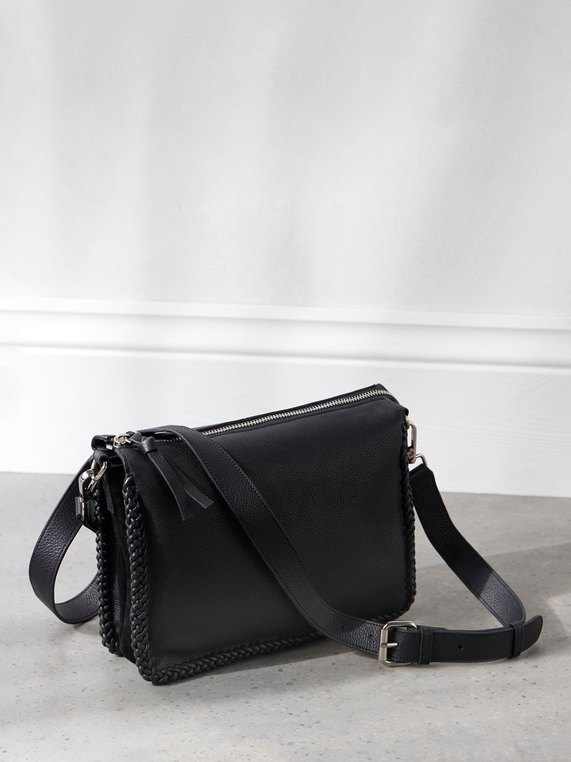 Mint Velvet Leather Cross Body Bag, Black at John Lewis & Partners