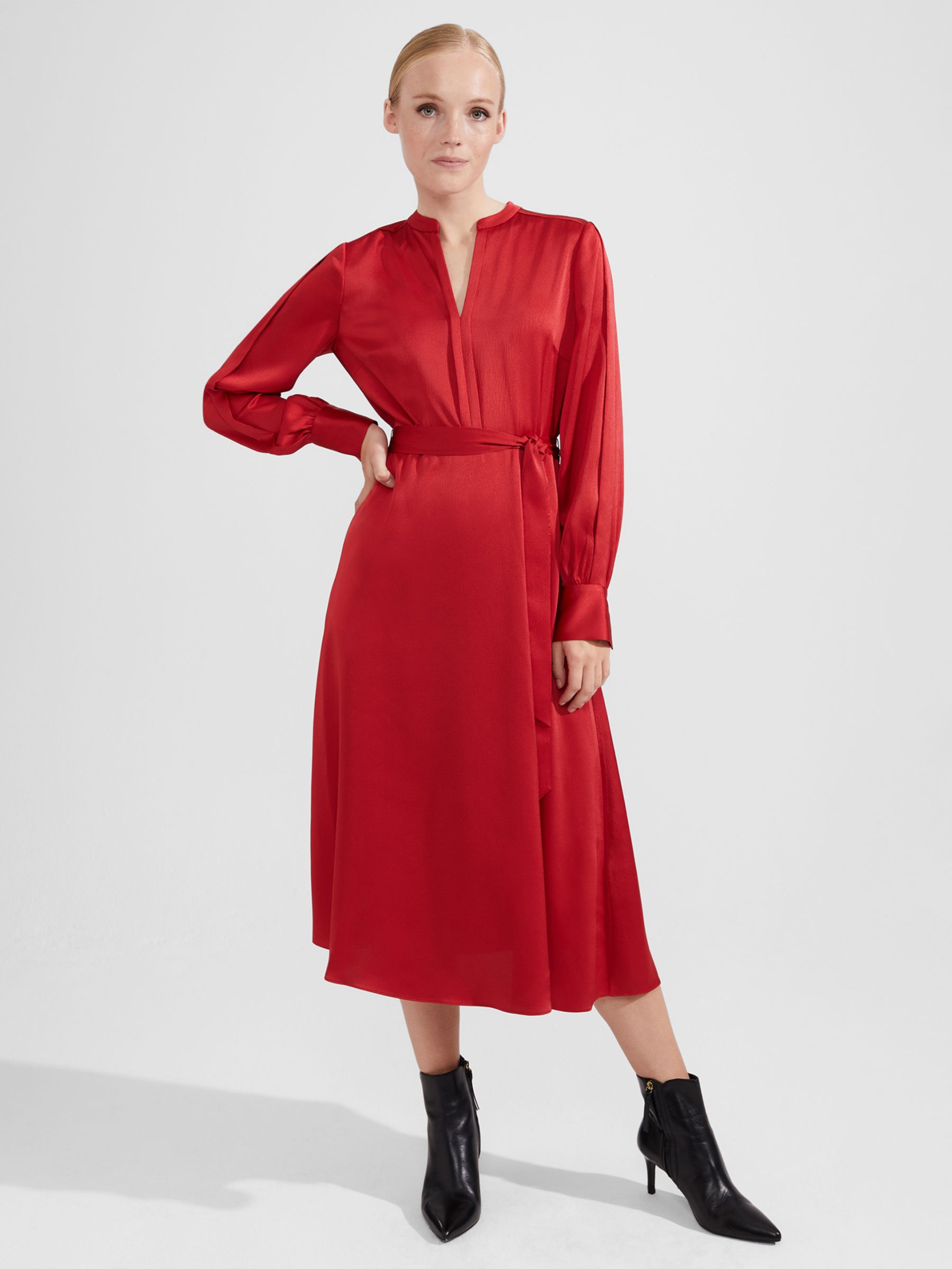 Hobbs Arlette Satin Midi Dress, Currant Red at John Lewis & Partners