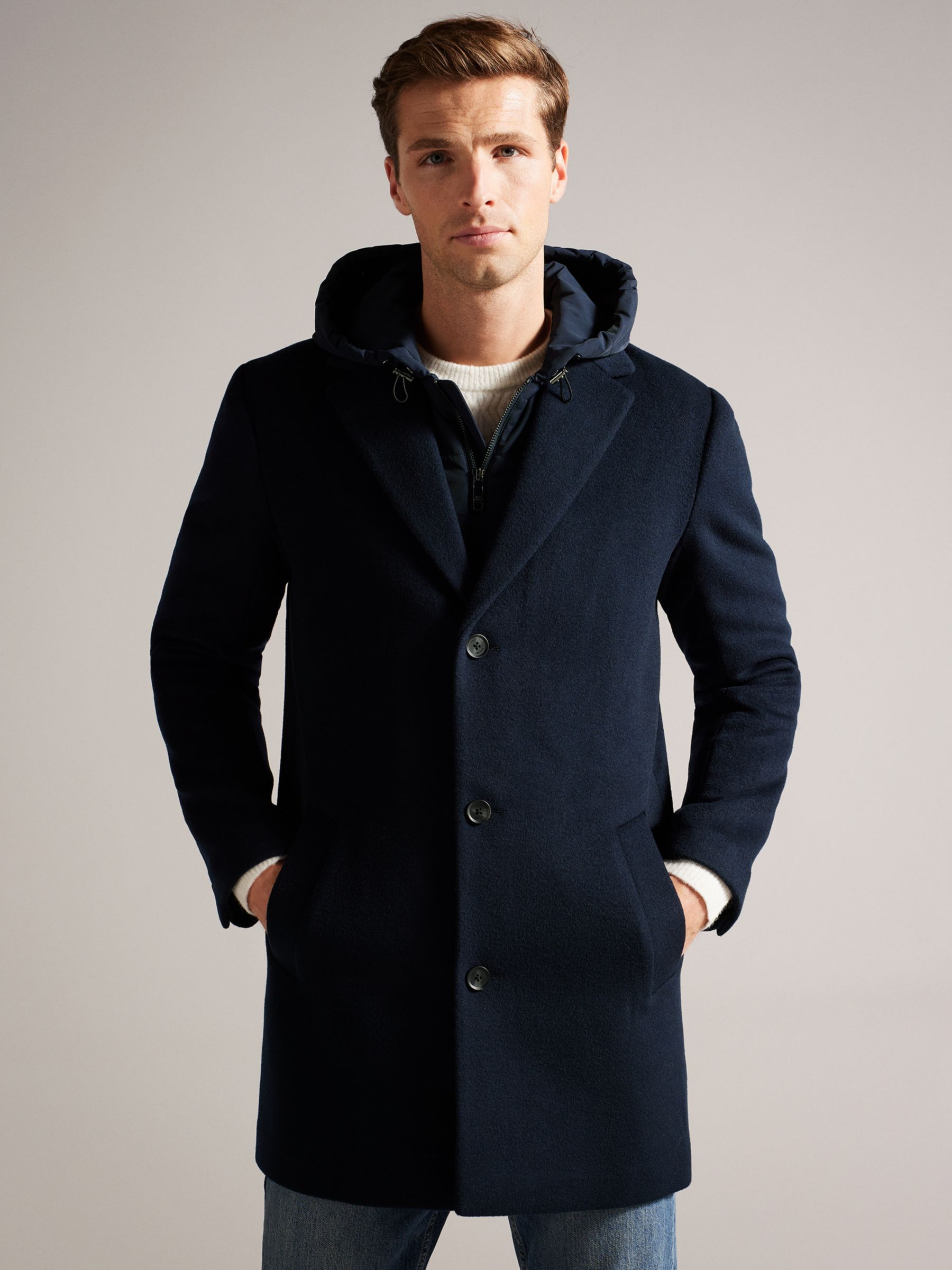 Ted Baker Donlon Wool Blend Hooded Coat, Blue Navy at John Lewis & Partners