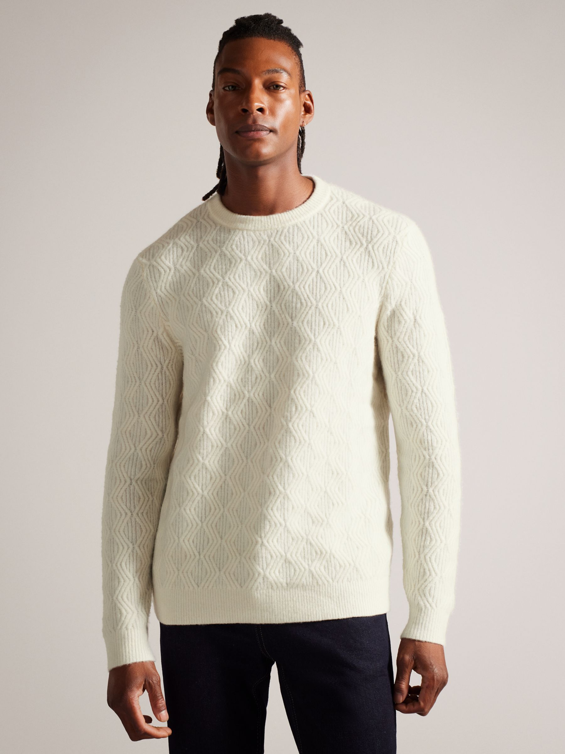 Ted Baker Atchet Long Sleeve Textured Cable Crew Neck Jumper, White, XS
