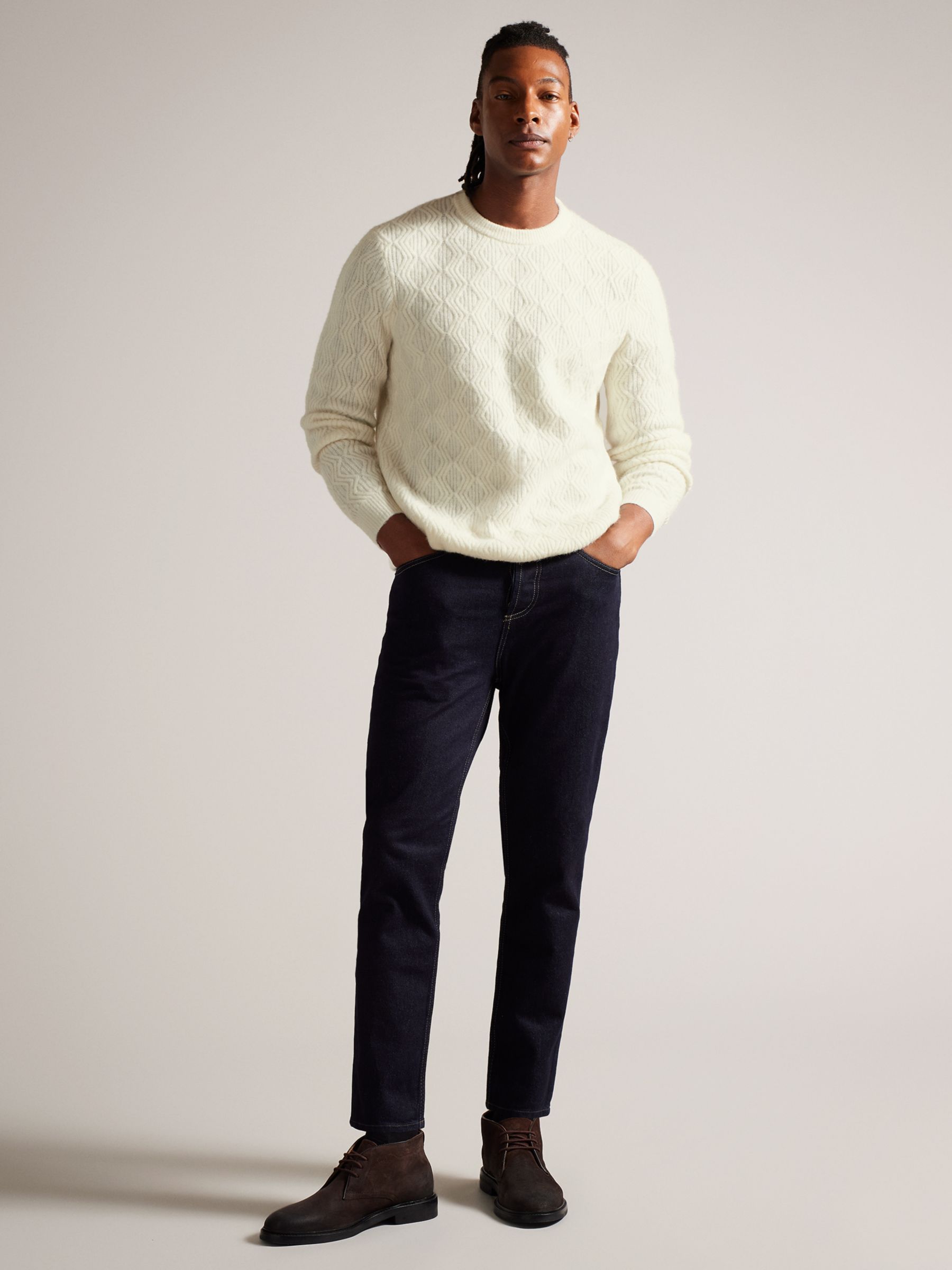 Ted Baker Atchet Long Sleeve Textured Cable Crew Neck Jumper, White, XS