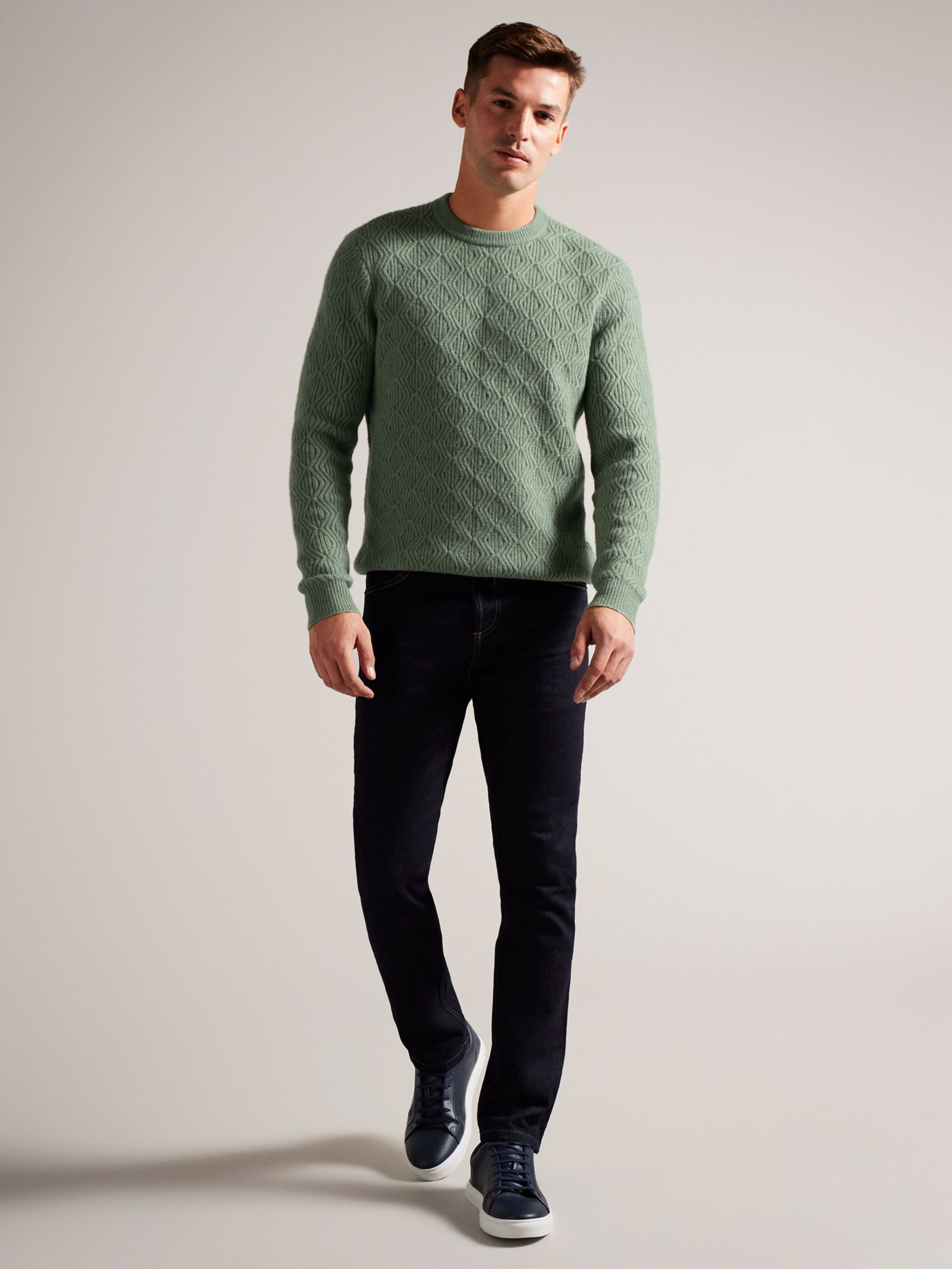 Ted Baker Atchet Long Sleeve Textured Cable Crew Neck Jumper, Light Green, L