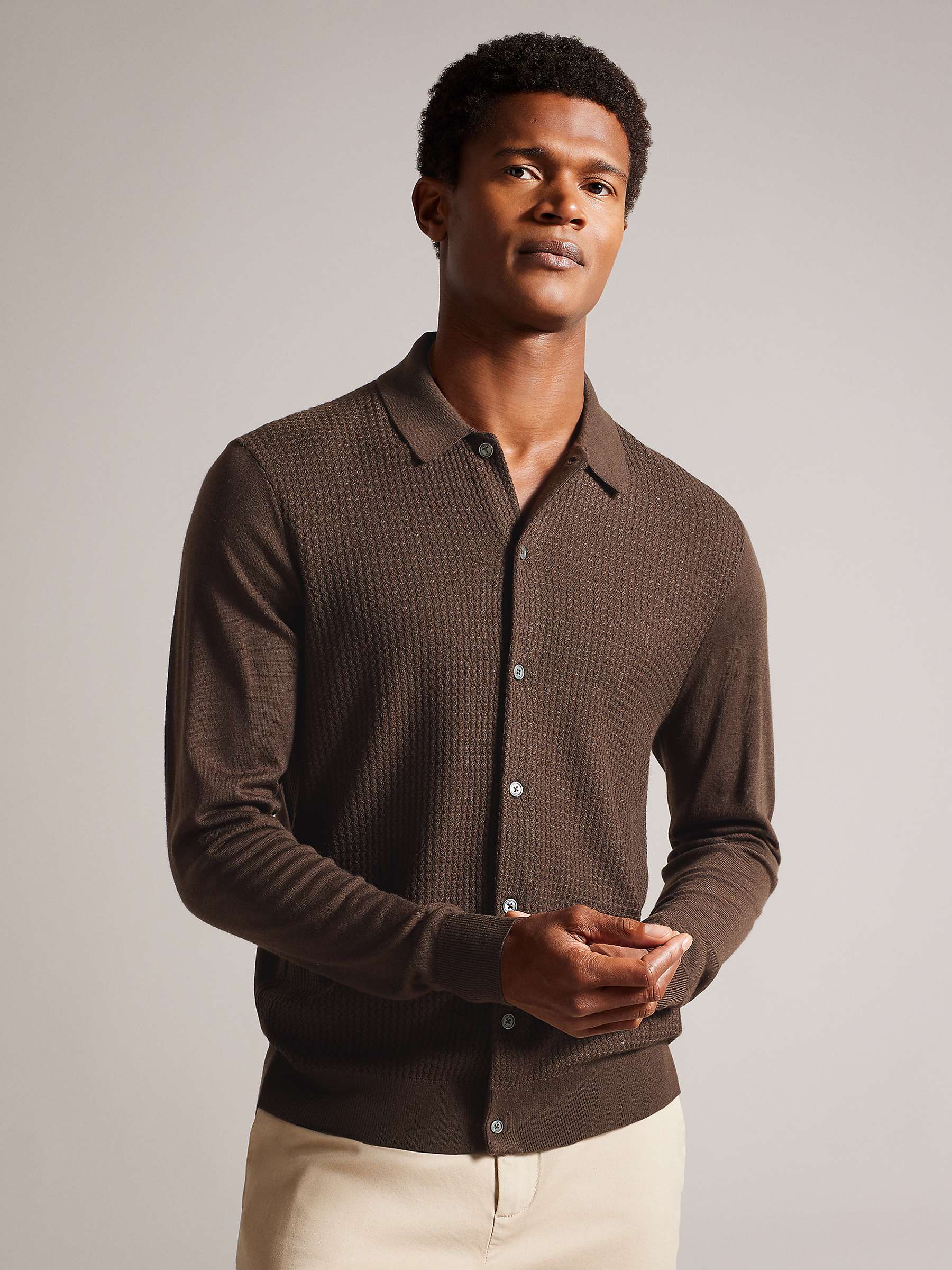 Buy Ted Baker Oidar Long Sleeve Revere Collar Knitted Shirt, Brown Online at johnlewis.com