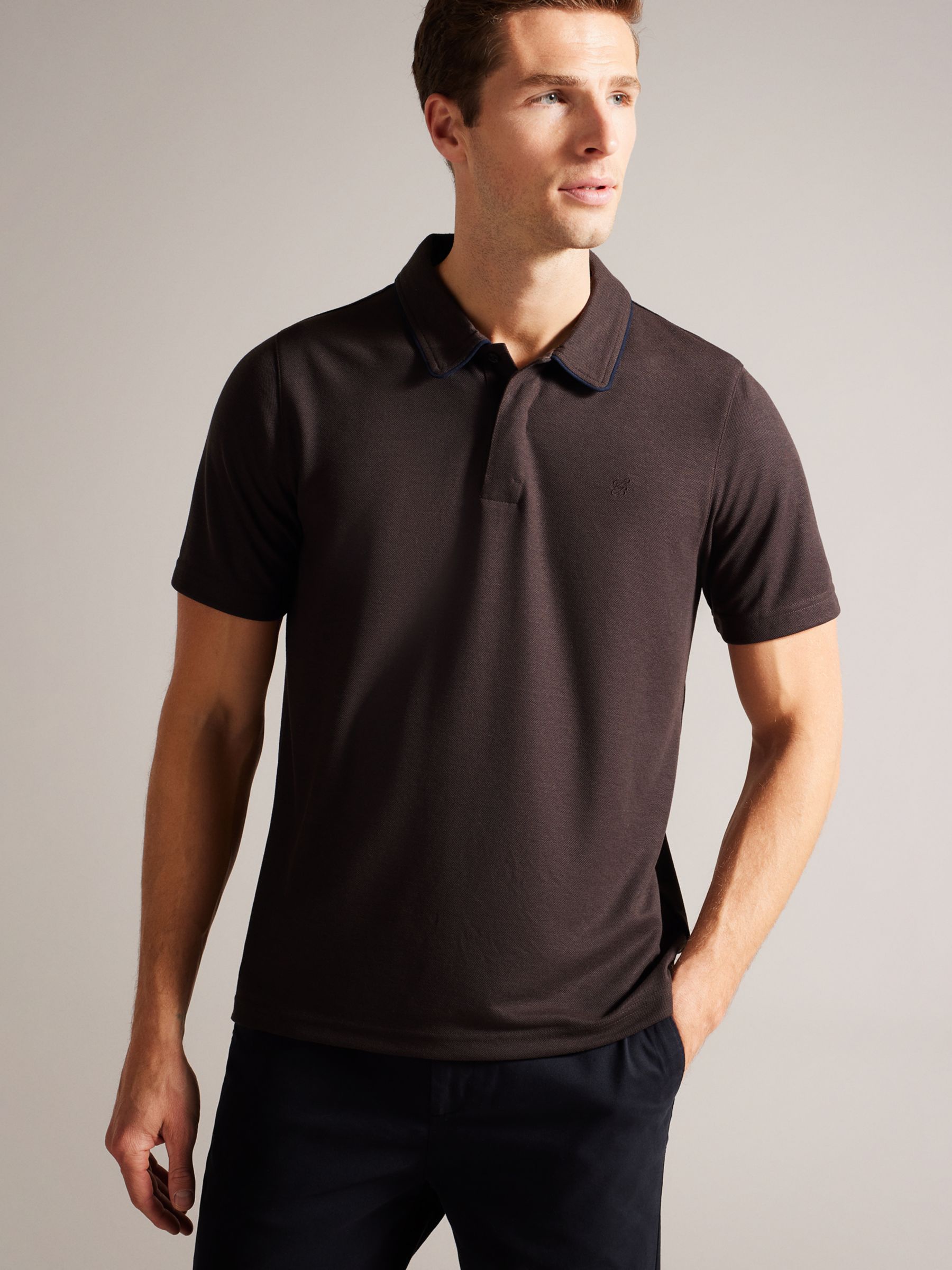 Ted Baker Aroue Short Sleeve Auede Trim Polo Shirt, Brown Mid, XS