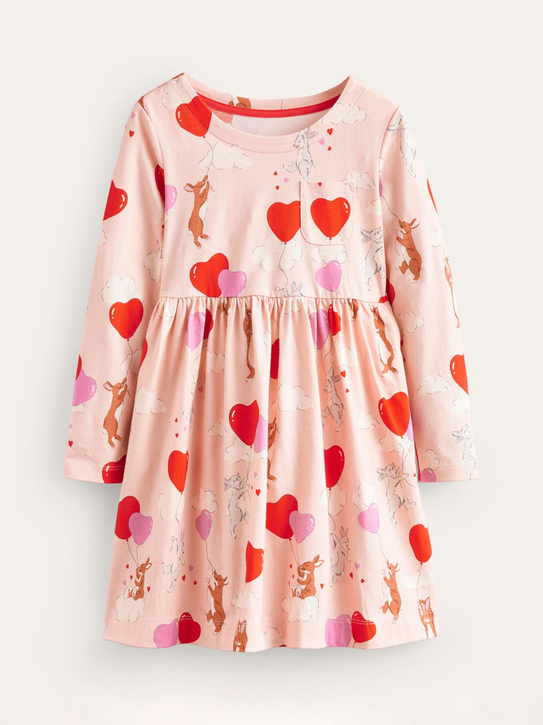 Mini Boden Kids' Fun Heart Bunny Long Sleeve Jersey Dress, Ballet Pink