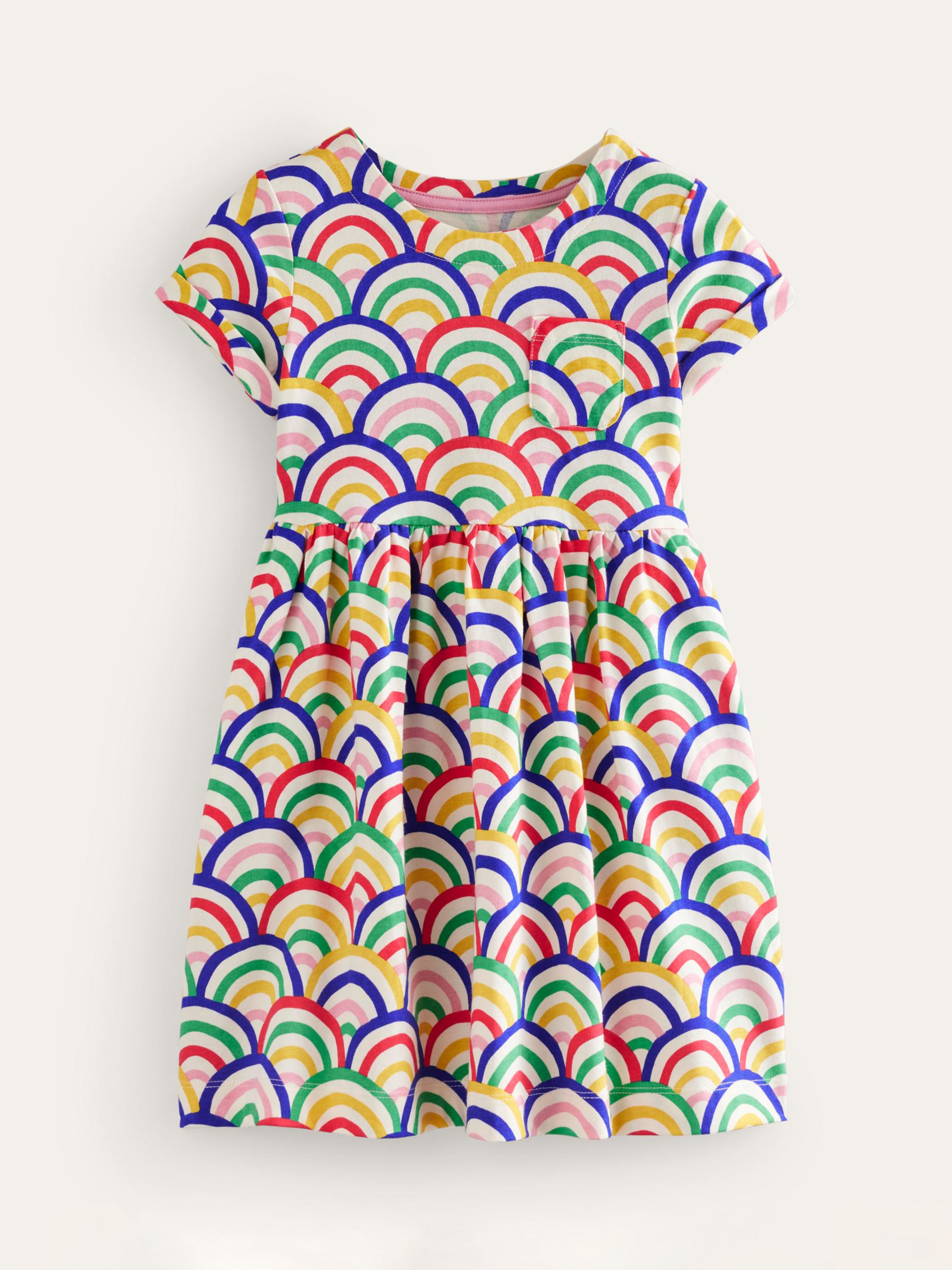 Mini Boden Kids' Rainbow Fun Jersey Short Sleeve Dress, Ivory/Multi, 11-12 years