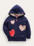 Mini Boden Kids' Heart Applique Faux Sherpa Lined Zip Through Hoodie, French Navy