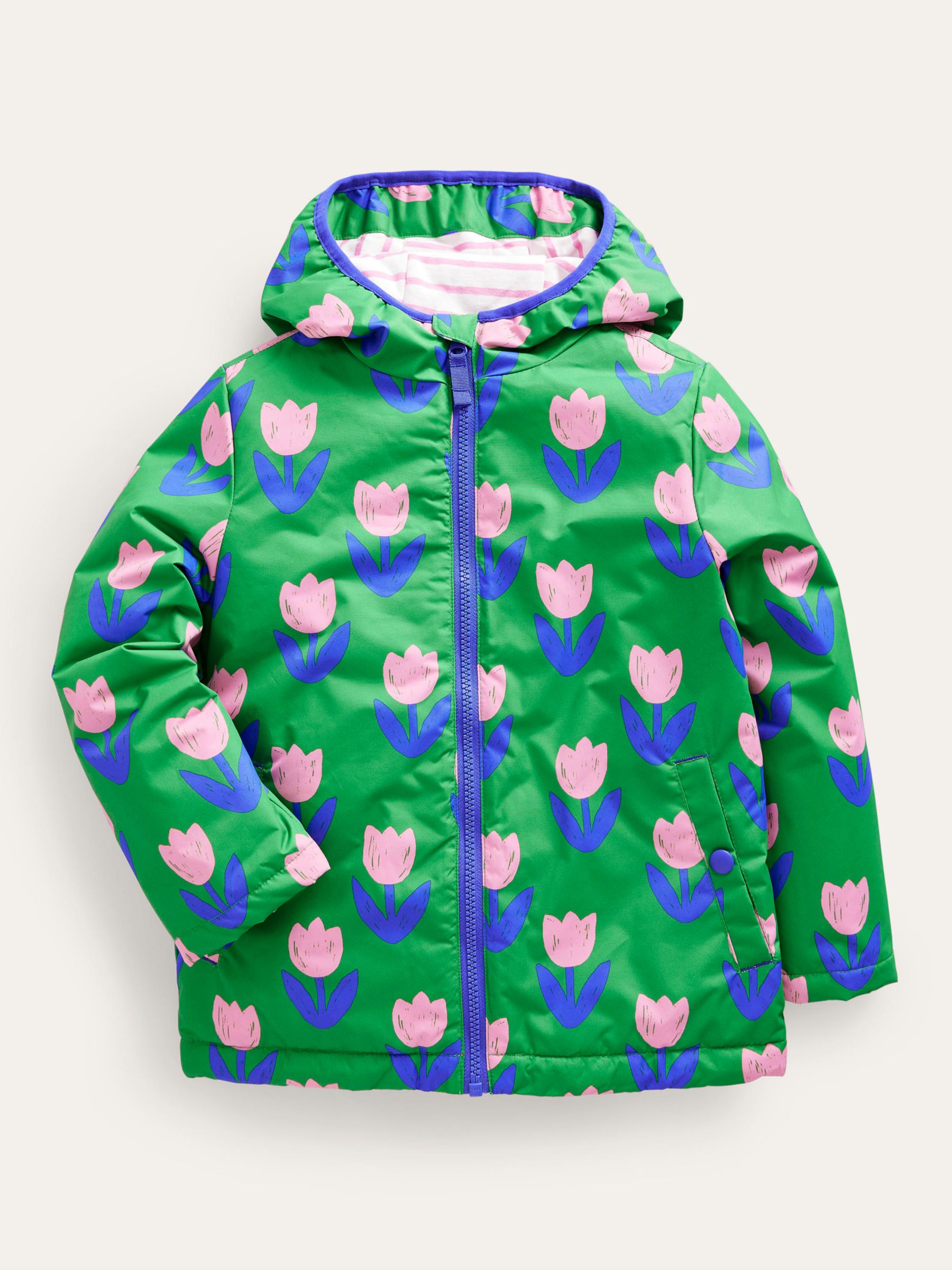 Mini Boden Kids' Tulip Floral Jersey Lined Anorak, Bean Green, 2-3 years