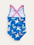 Mini Boden Kids' Seagull Print Cross Back Swimsuit, Blue
