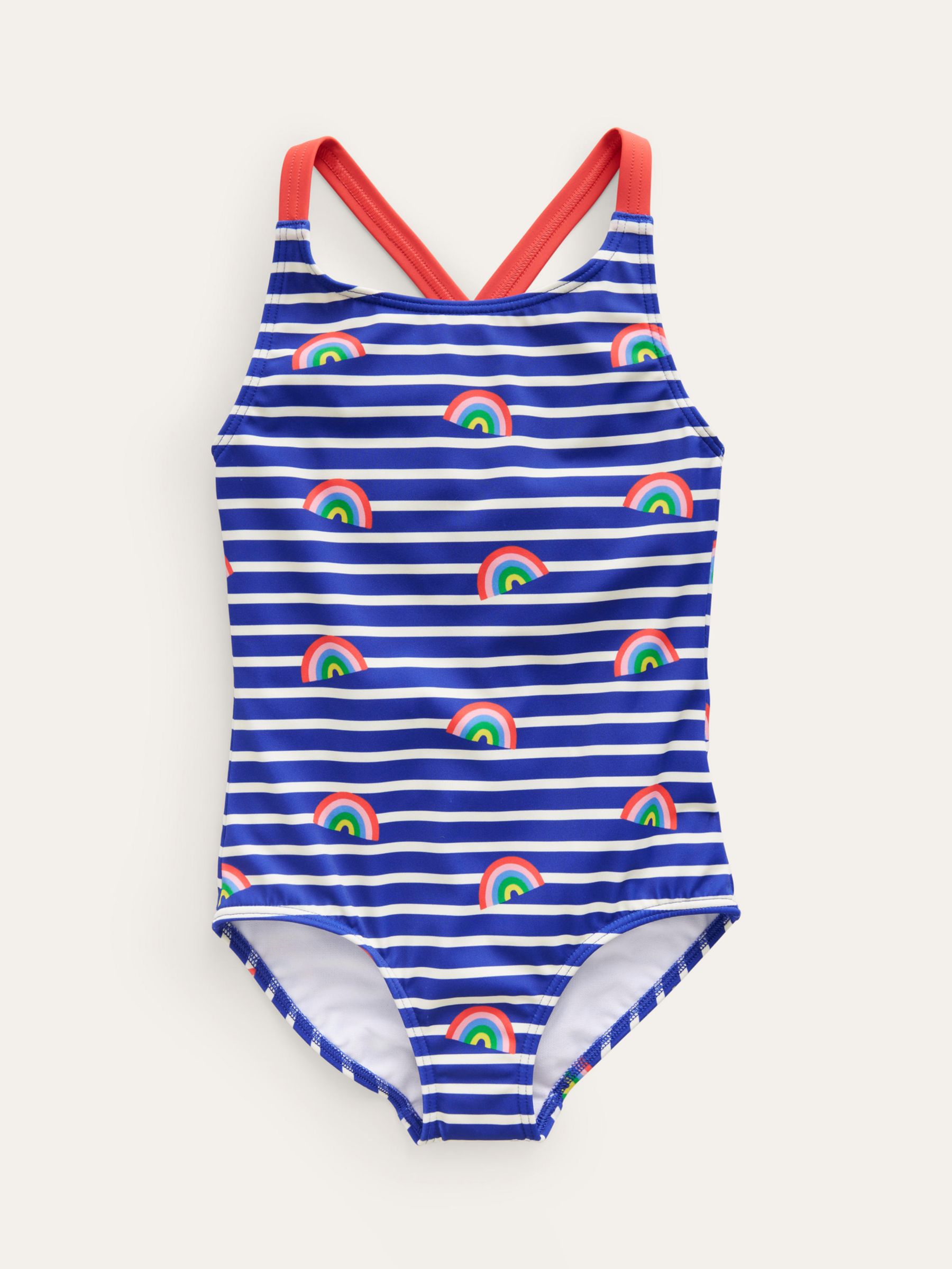 Mini Boden Kids' Stripe & Rainbow Print Cross Back Swimsuit, Blue Breton, 2-3 years