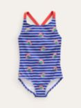 Mini Boden Kids' Stripe & Rainbow Print Cross Back Swimsuit, Blue Breton