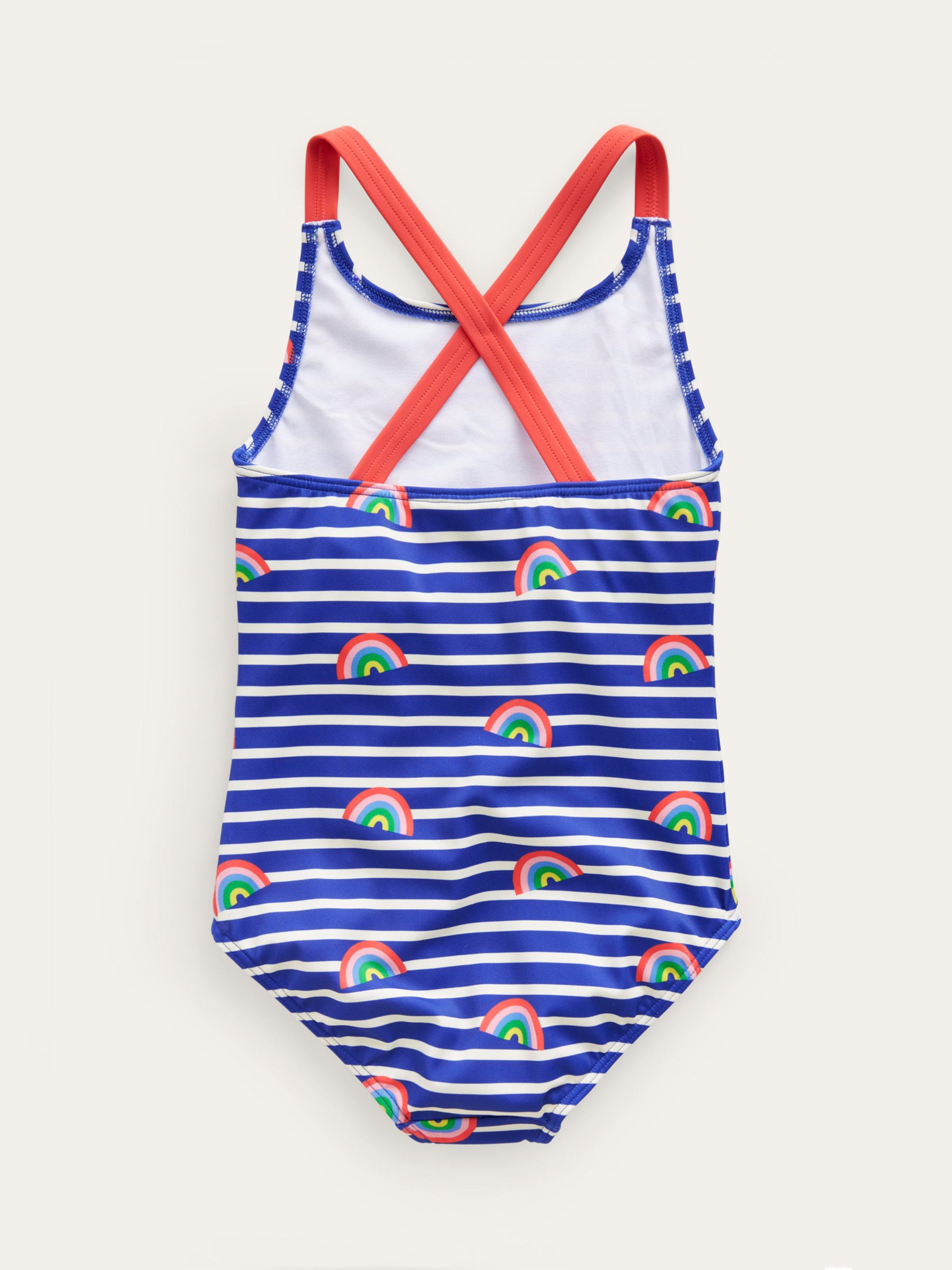 Mini Boden Kids' Stripe & Rainbow Print Cross Back Swimsuit, Blue Breton, 2-3 years