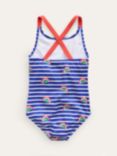 Mini Boden Kids' Stripe & Rainbow Print Cross Back Swimsuit, Blue Breton