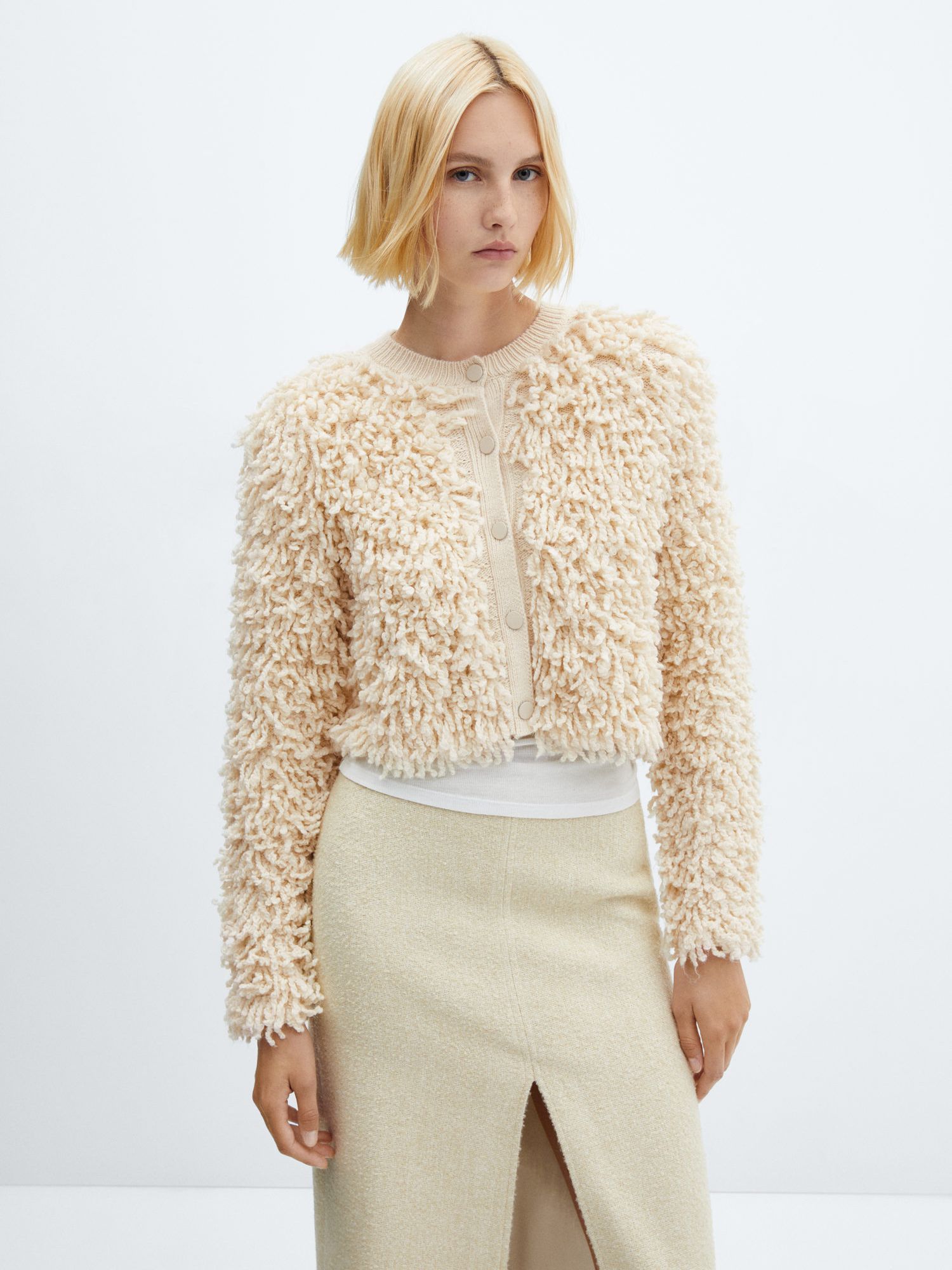 Mango Minipel Textured Cardigan, Light Beige, XS