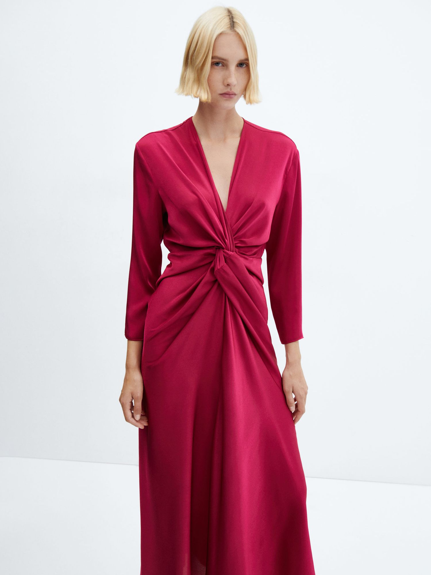 Mango Knot Detail Satin Midi Dress, Bright Pink, 4