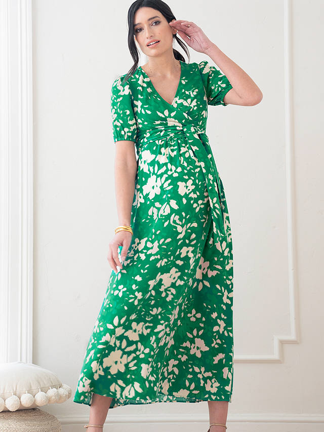 Seraphine Mavie Abstract Floral Print Midi Maternity Dress, Green/Multi