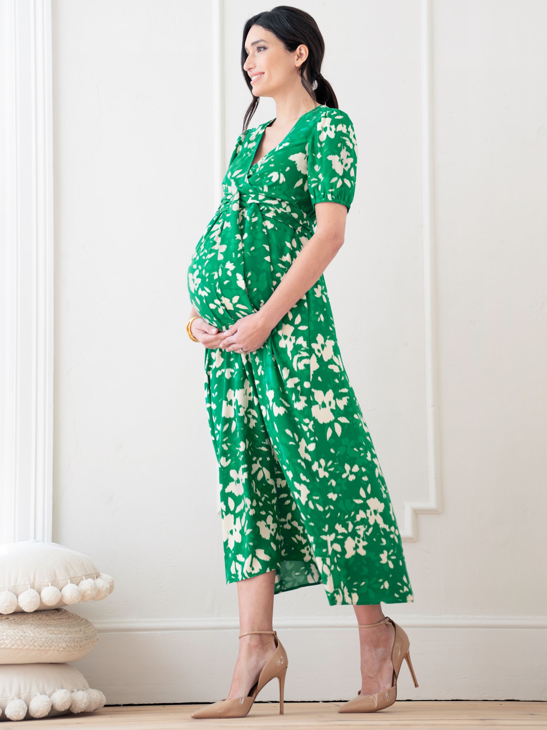 Seraphine Mavie Abstract Floral Print Midi Maternity Dress, Green/Multi, 8