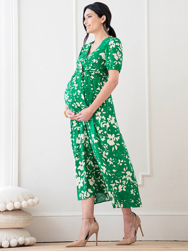 Seraphine Mavie Abstract Floral Print Midi Maternity Dress, Green/Multi