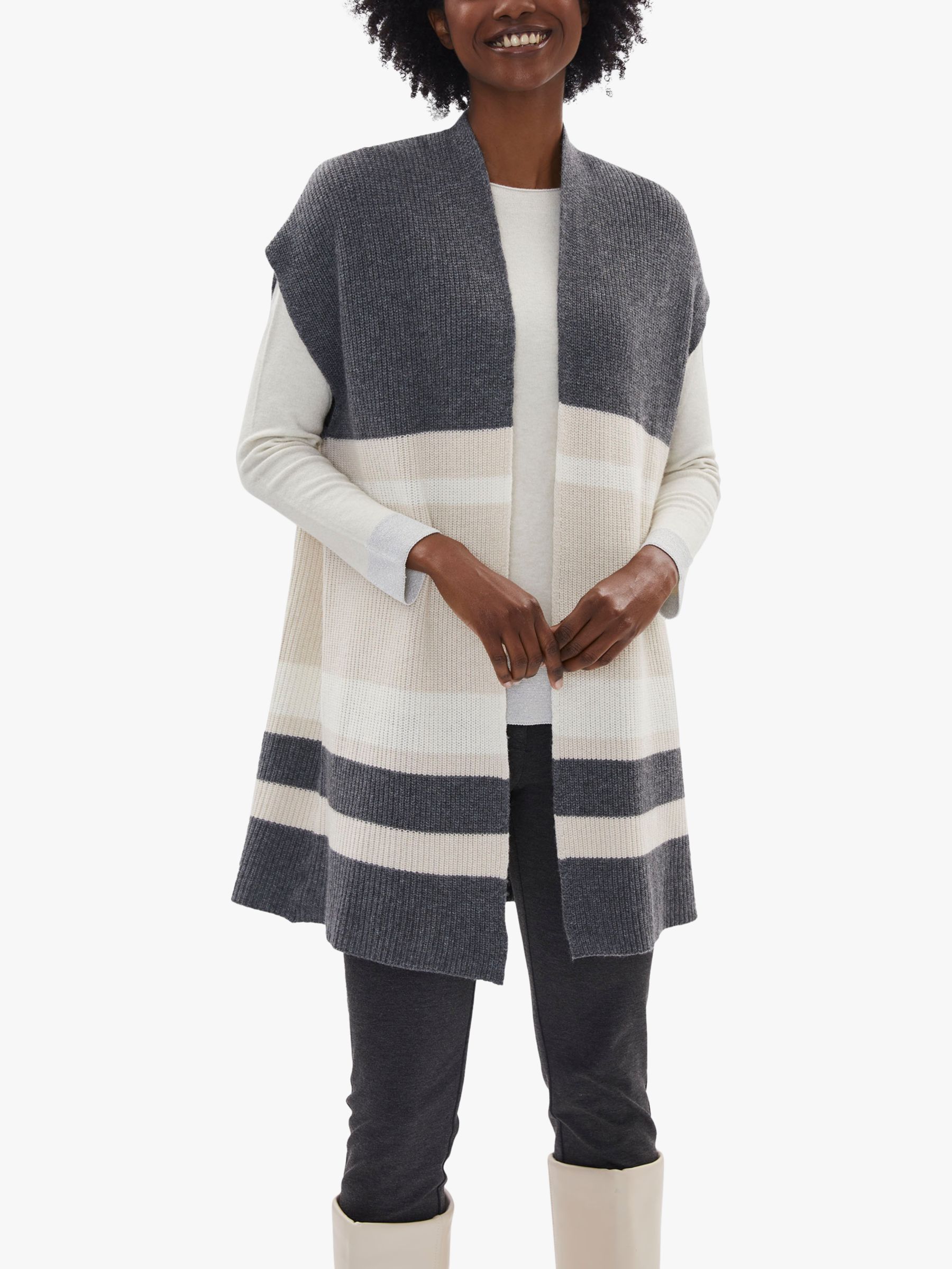James Lakeland Striped Wool Blend Sleeveless Cardigan, Grey/Beige, 8