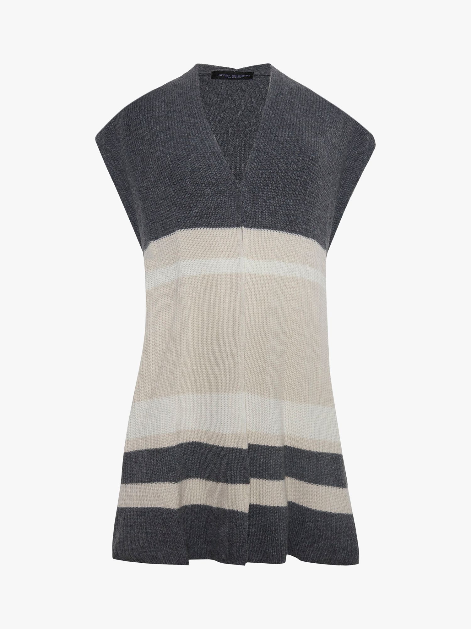 James Lakeland Striped Wool Blend Sleeveless Cardigan, Grey/Beige, 8