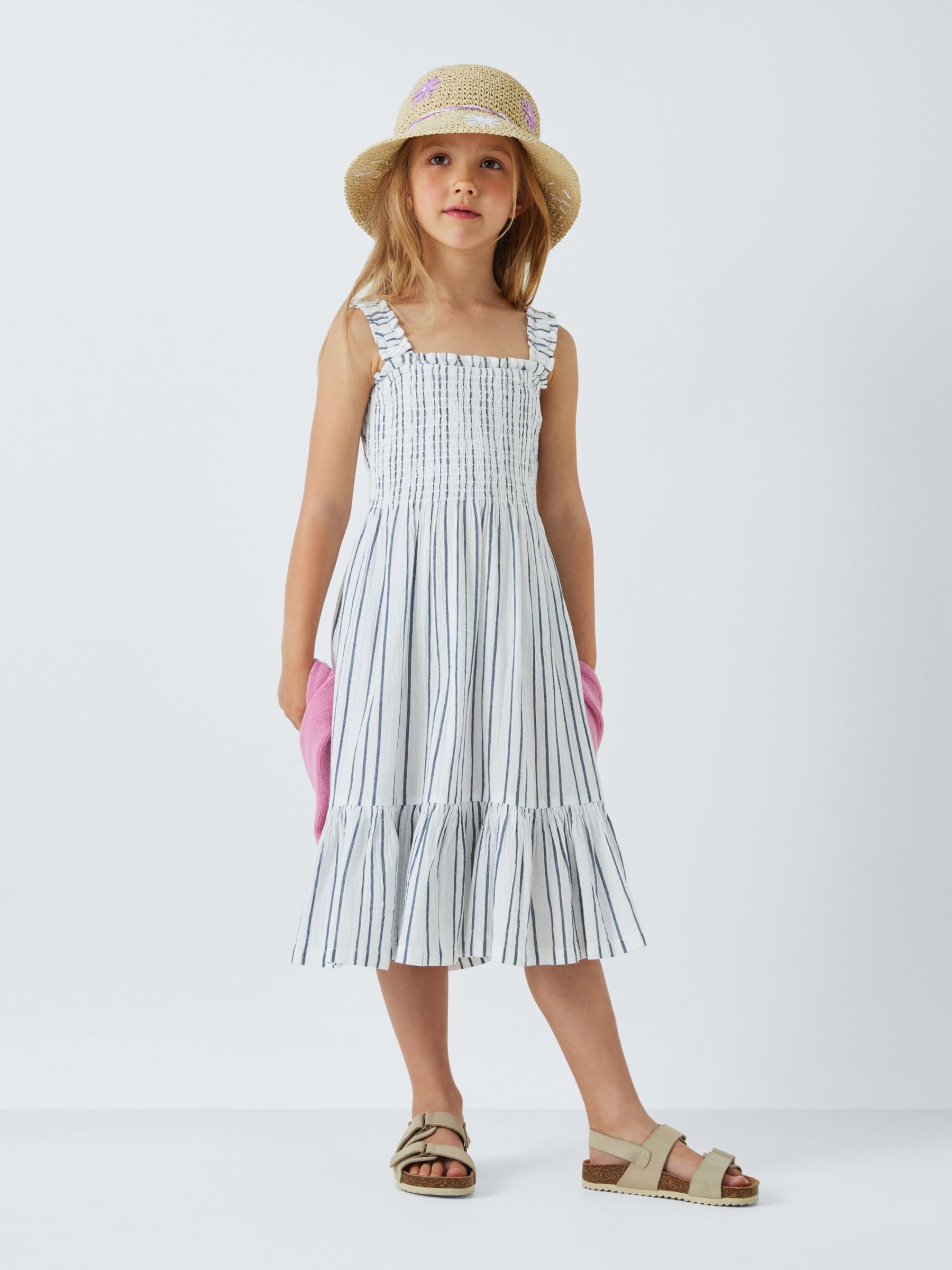 John Lewis Kids' Sheered Stripe Dress, White/Blue, 9 years