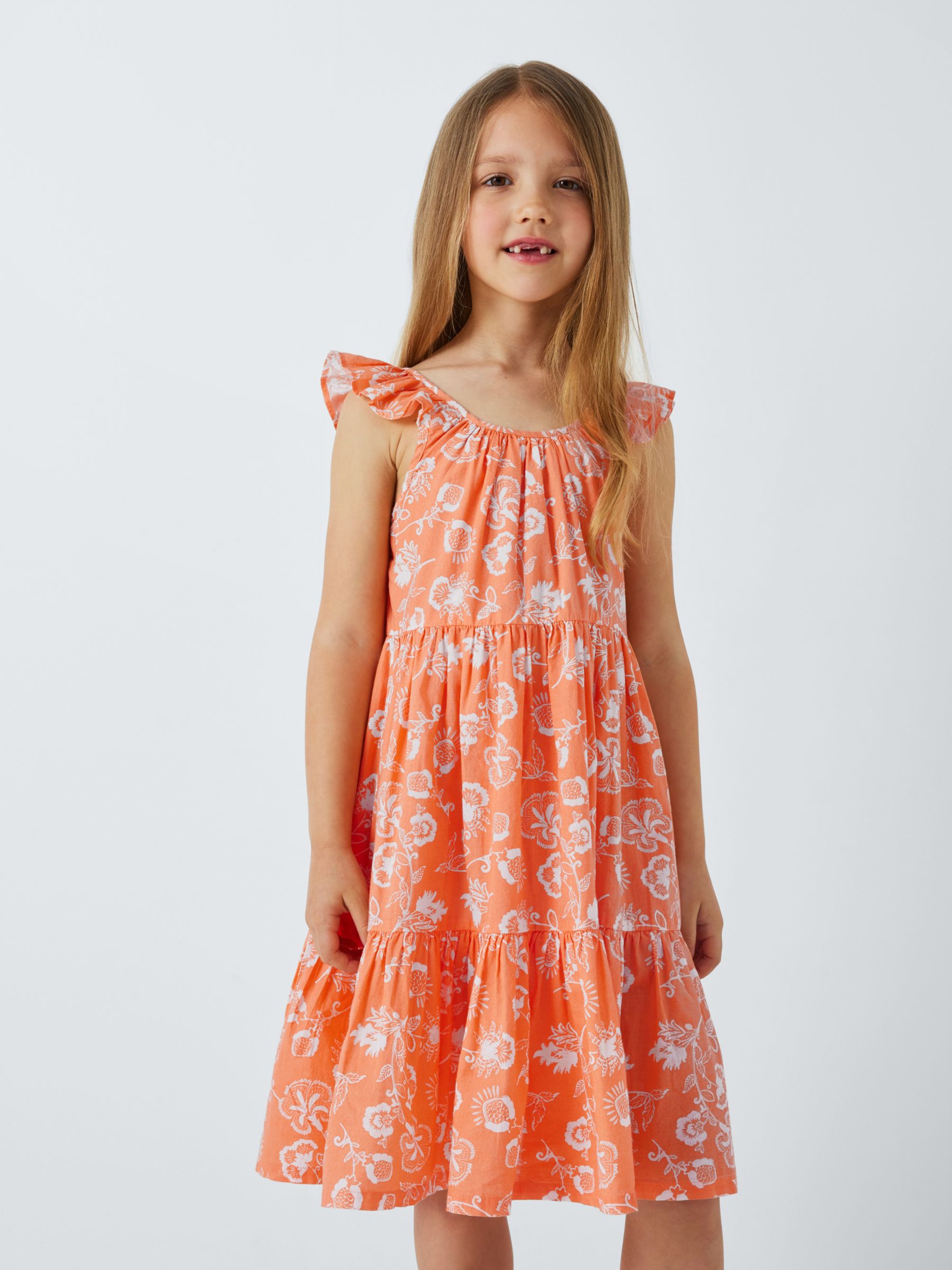 John Lewis Kids' Floral Tiered Dress, Shell Coral, 6 years