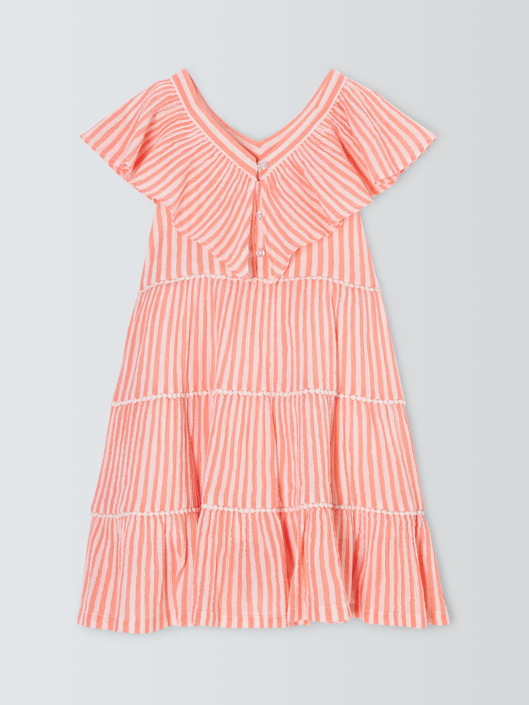 John Lewis Kids' Metallic Stripe Tiered Dress, White/Peach, 3 years