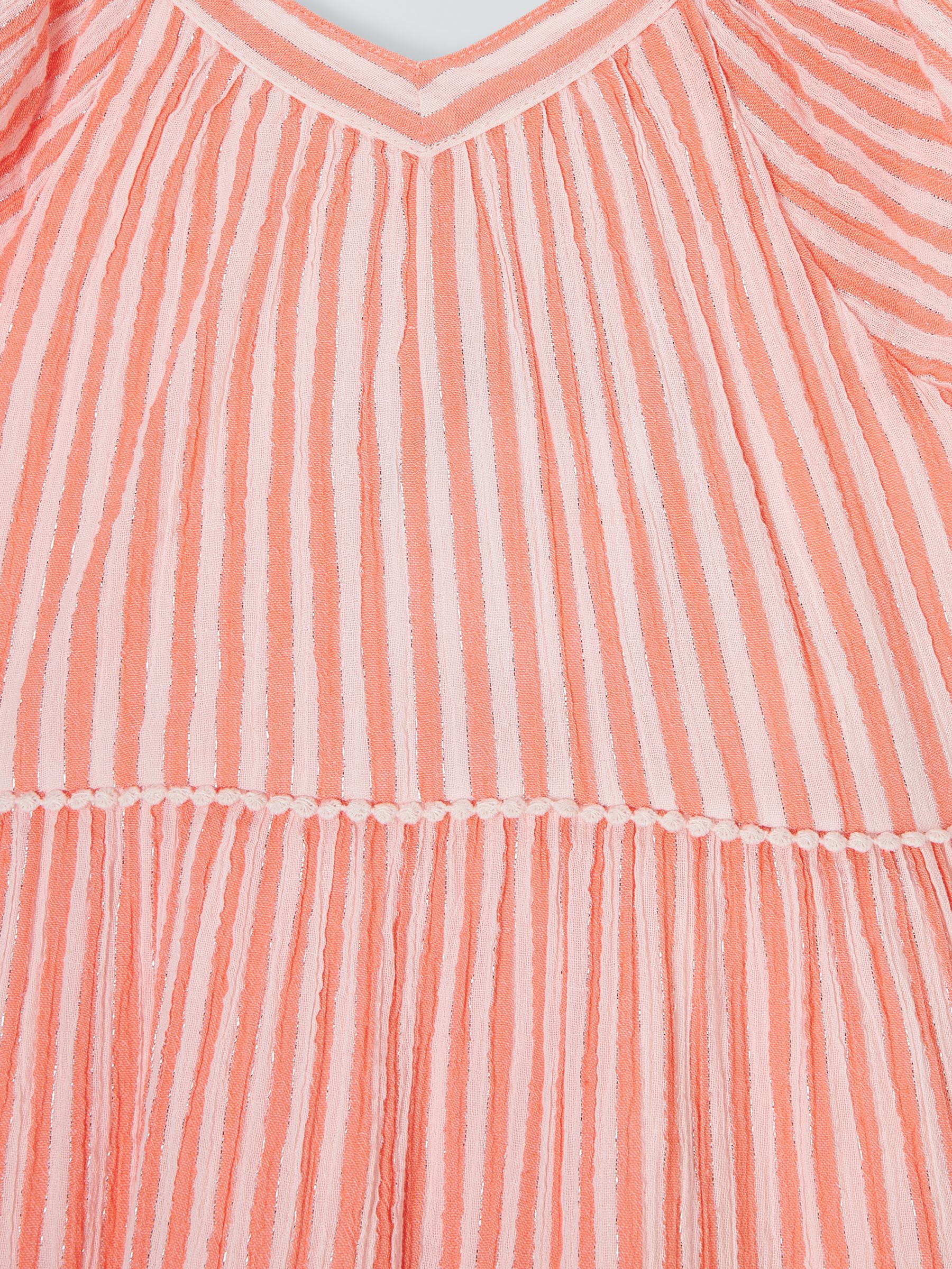 John Lewis Kids' Metallic Stripe Tiered Dress, White/Peach, 3 years