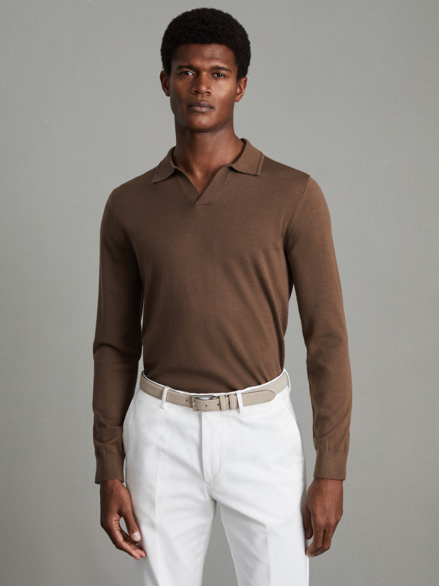 Reiss Milburn Merino Wool Polo Shirt, Pecan Brown, XL