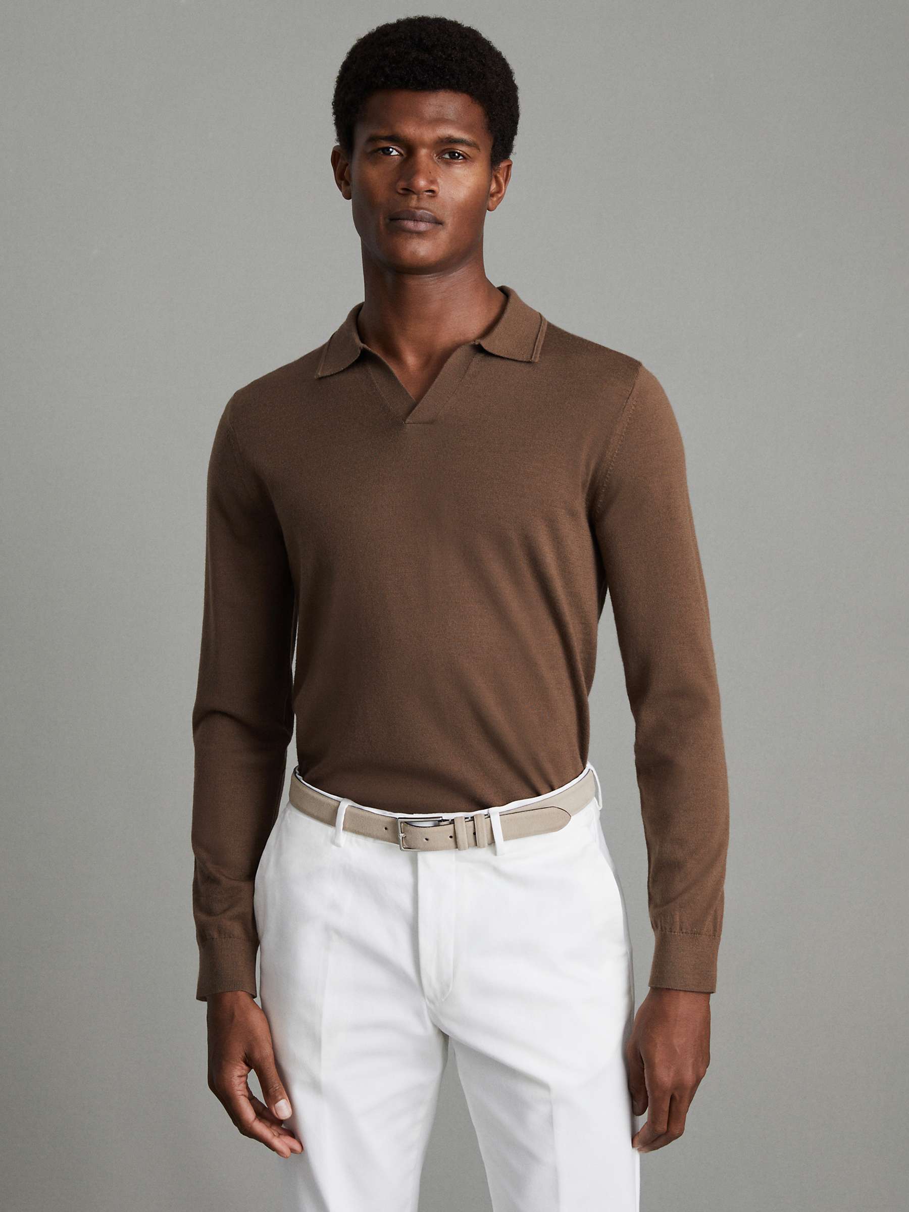 Reiss Milburn Merino Wool Polo Shirt, Pecan Brown at John Lewis & Partners