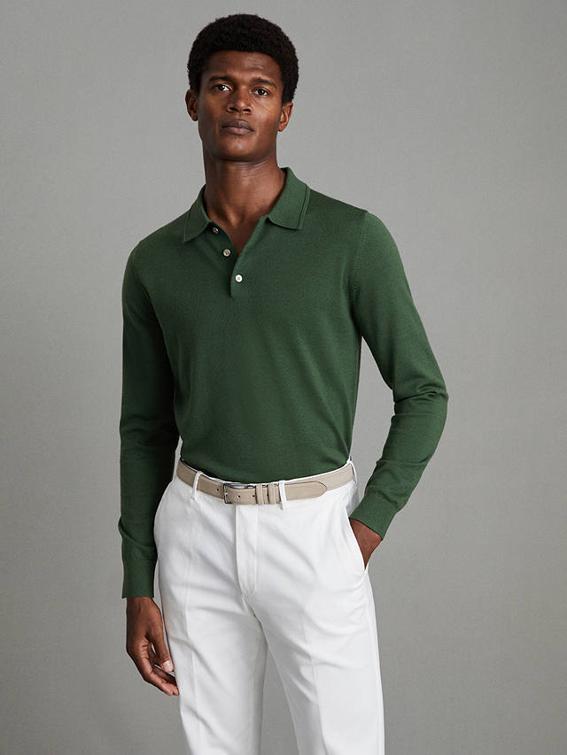 Reiss Trafford Knitted Wool Long Sleeve Polo Top, Hunting Green
