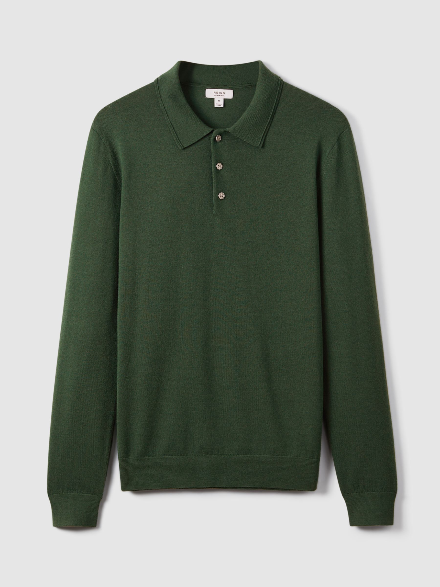 Reiss Trafford Knitted Wool Long Sleeve Polo Top, Hunting Green, XS
