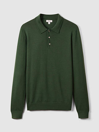 Reiss Trafford Knitted Wool Long Sleeve Polo Top, Hunting Green