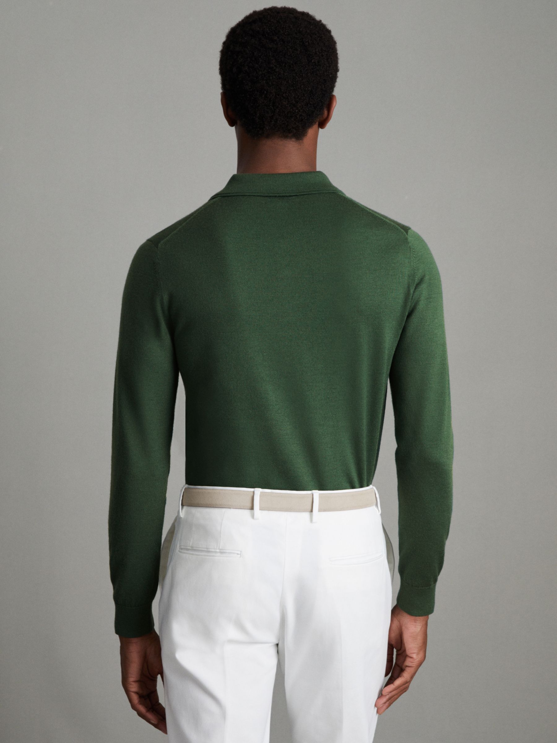 Reiss Trafford Knitted Wool Long Sleeve Polo Top, Hunting Green, XS