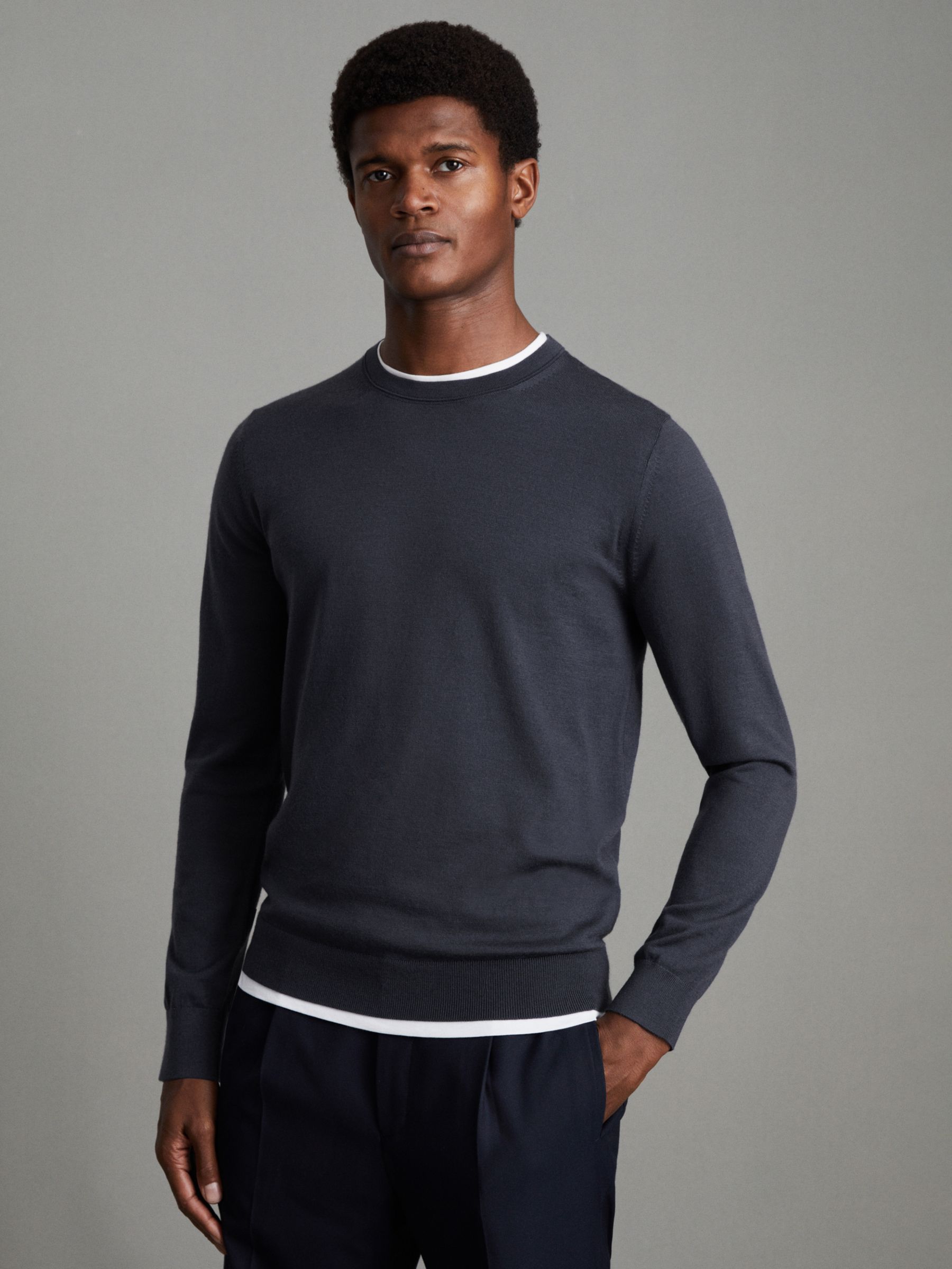 Reiss Wessex Long Sleeve Merino Crew Jumper, Blue Smoke at John Lewis ...