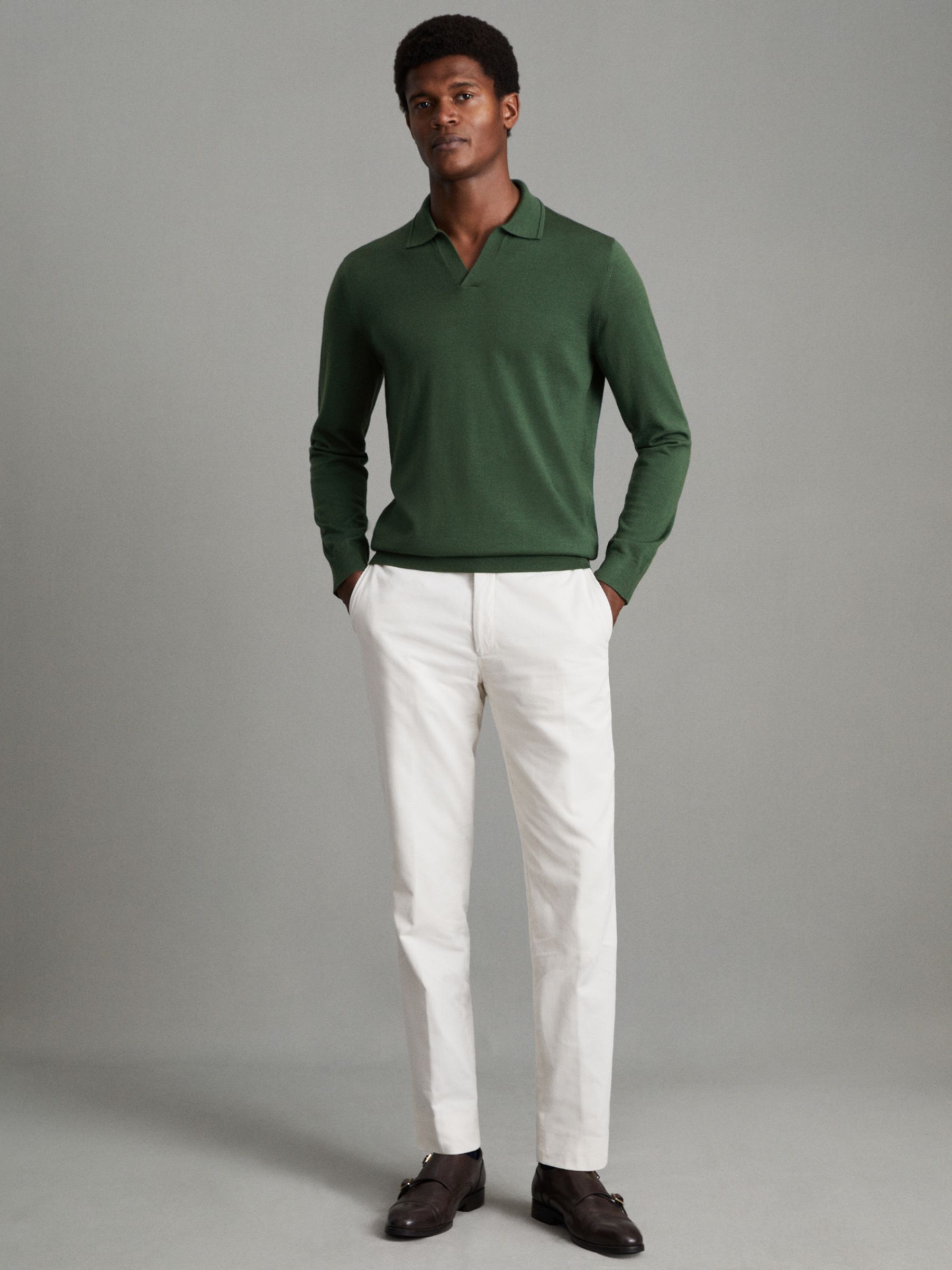Reiss Milburn Merino Wool Polo Shirt, Hunting Green, XS