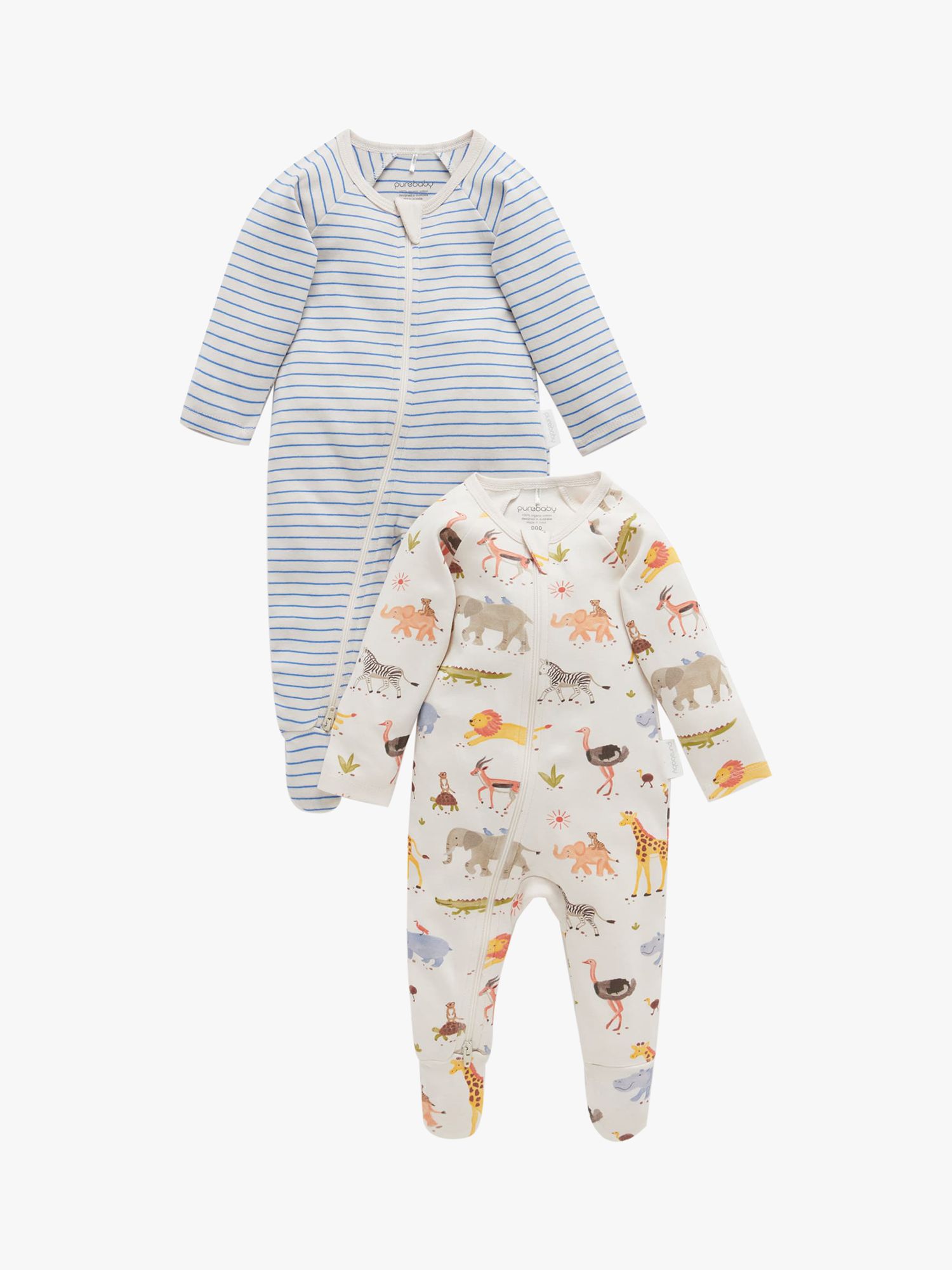 Purebaby Baby Organic Cotton Safari Print Growsuit, Pack of 2, Multi at ...
