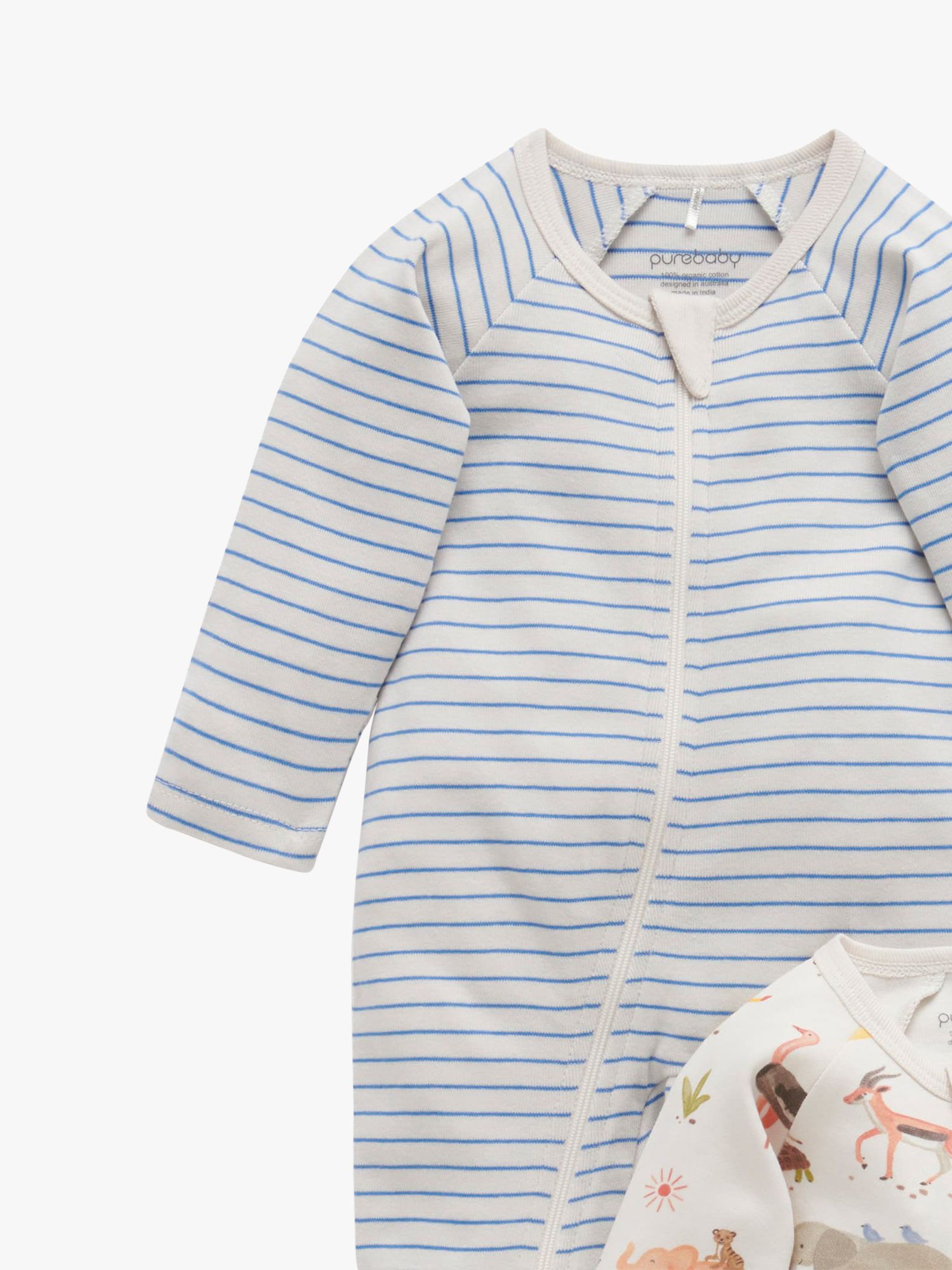 Purebaby Baby Organic Cotton Safari Print Growsuit, Pack of 2, Multi, Newborn