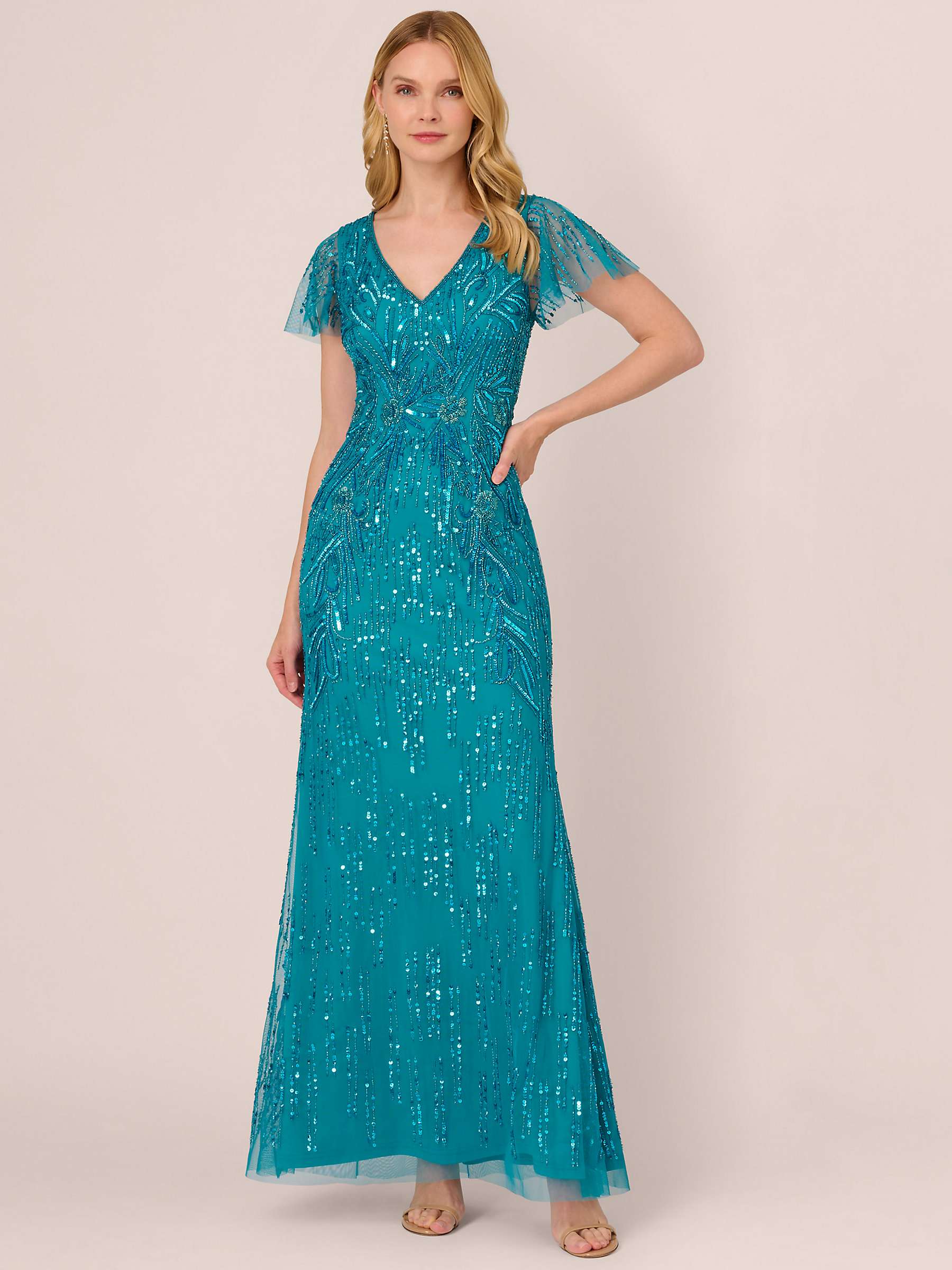 Buy Adrianna Papell Flutter Sleeve Beaded Maxi Dress, Teal Online at johnlewis.com