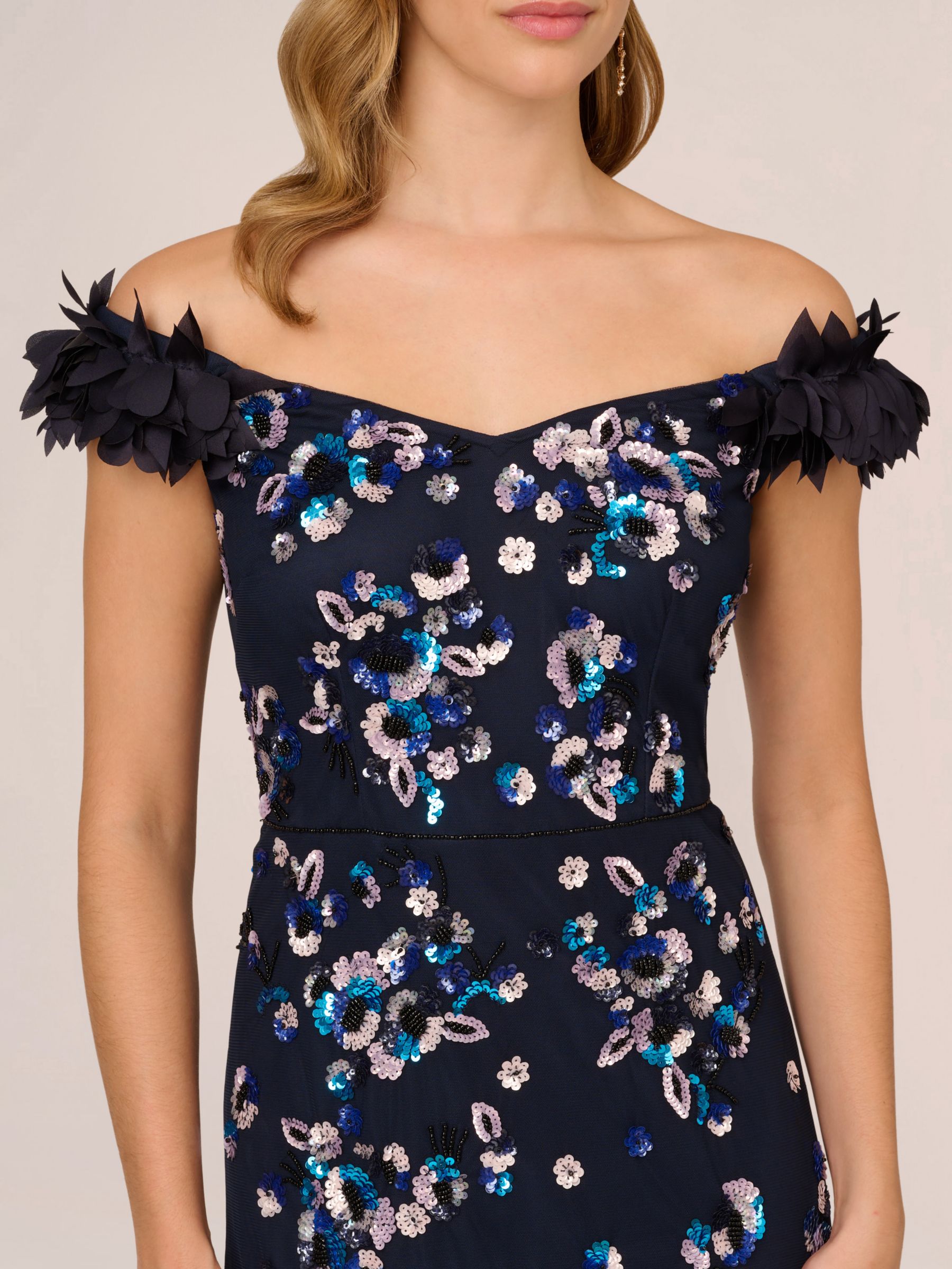 Adrianna Papell Off Shoulder Beaded Maxi Dress, Midnight/Multi, 8