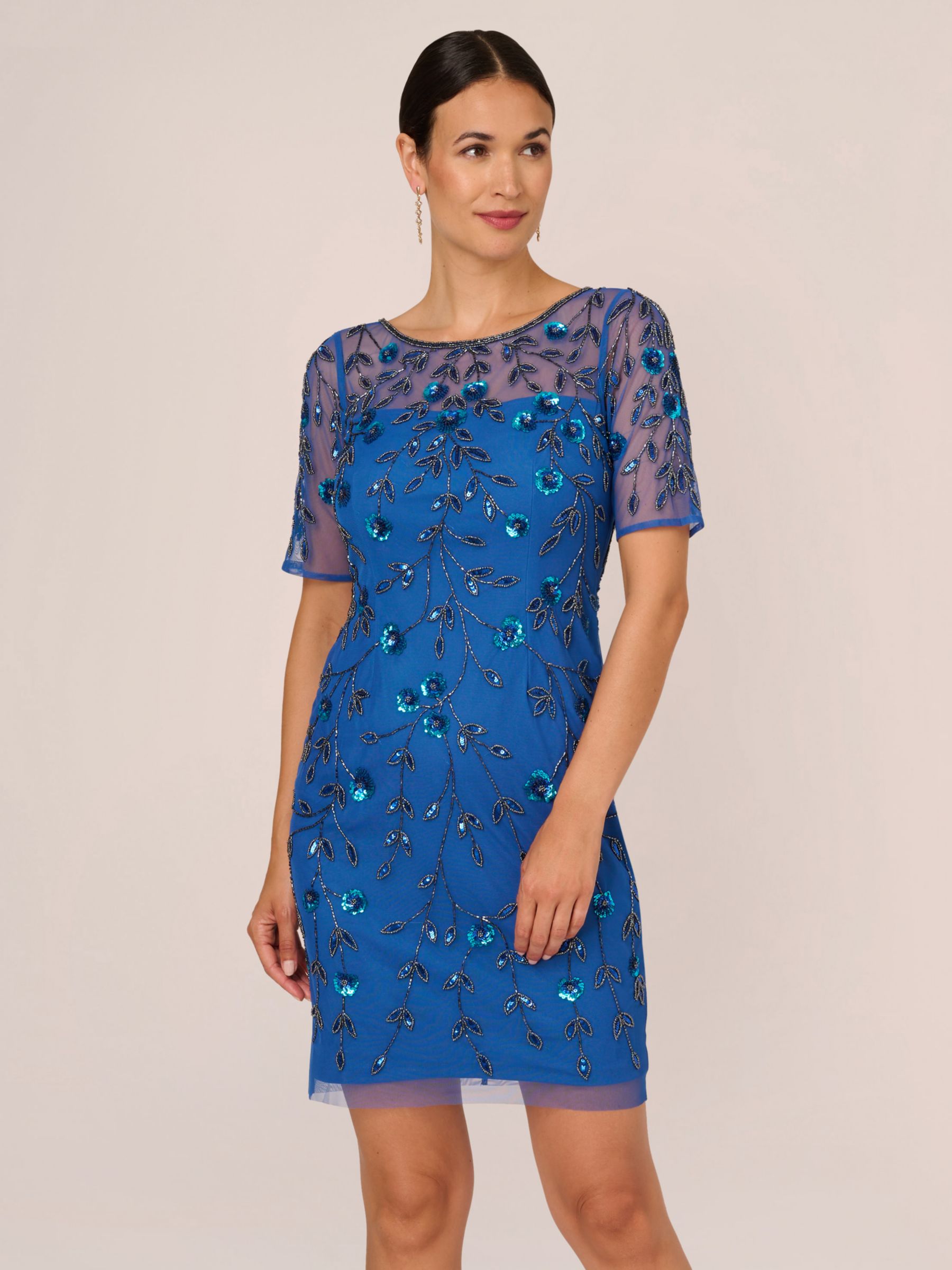 Adrianna Papell Beaded Floral Short Dress, Blue Horizon at John Lewis ...