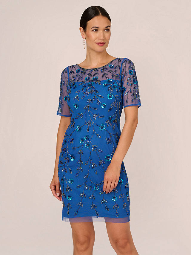 Adrianna Papell Beaded Floral Short Dress, Blue Horizon