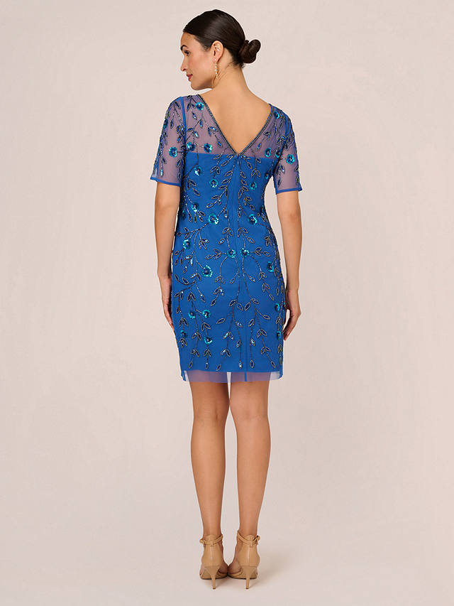 Adrianna Papell Beaded Floral Short Dress, Blue Horizon