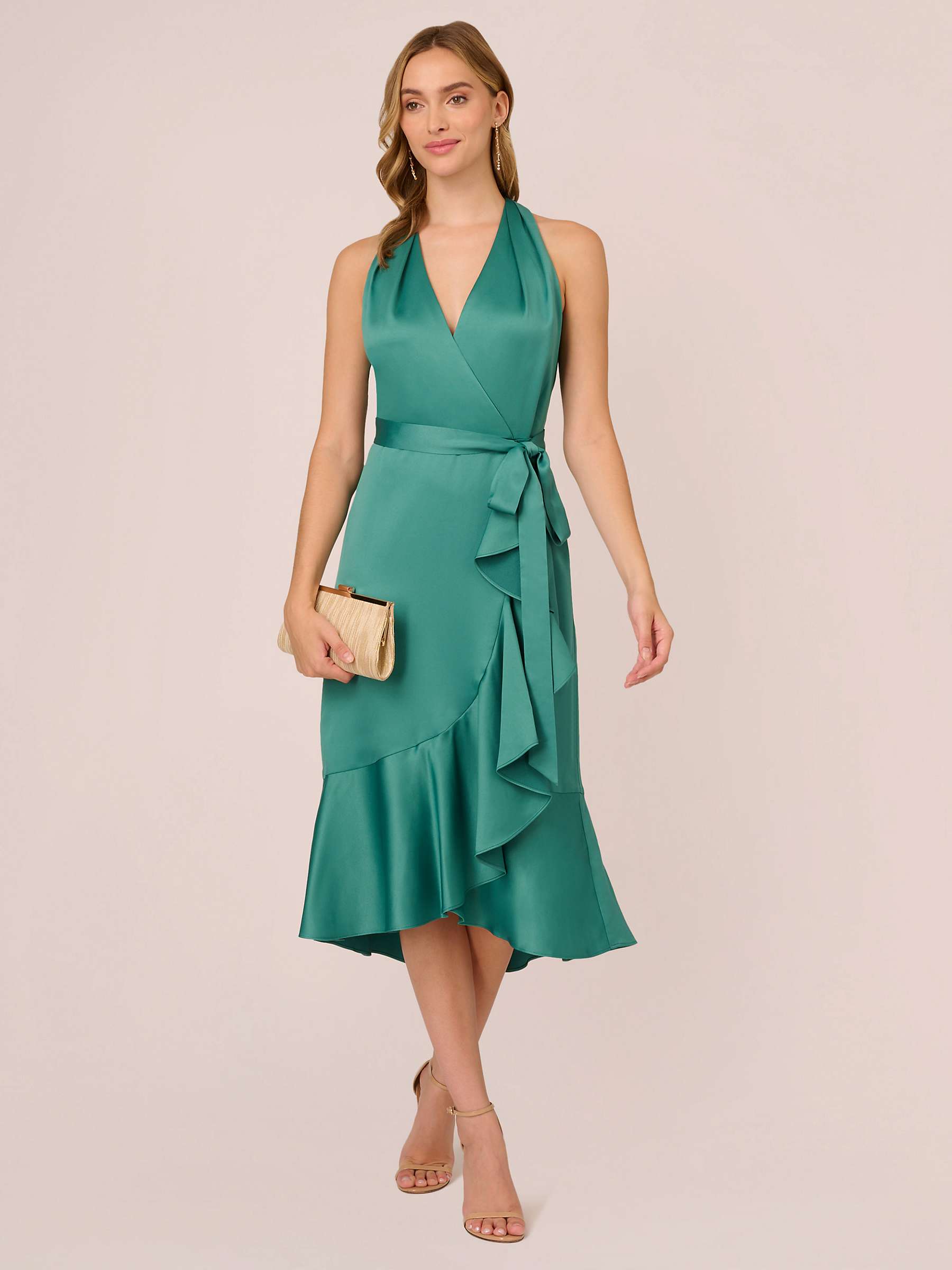 Buy Adrianna Papell Halter Neck Faux Wrap Midi Satin Dress, Jungle Green Online at johnlewis.com