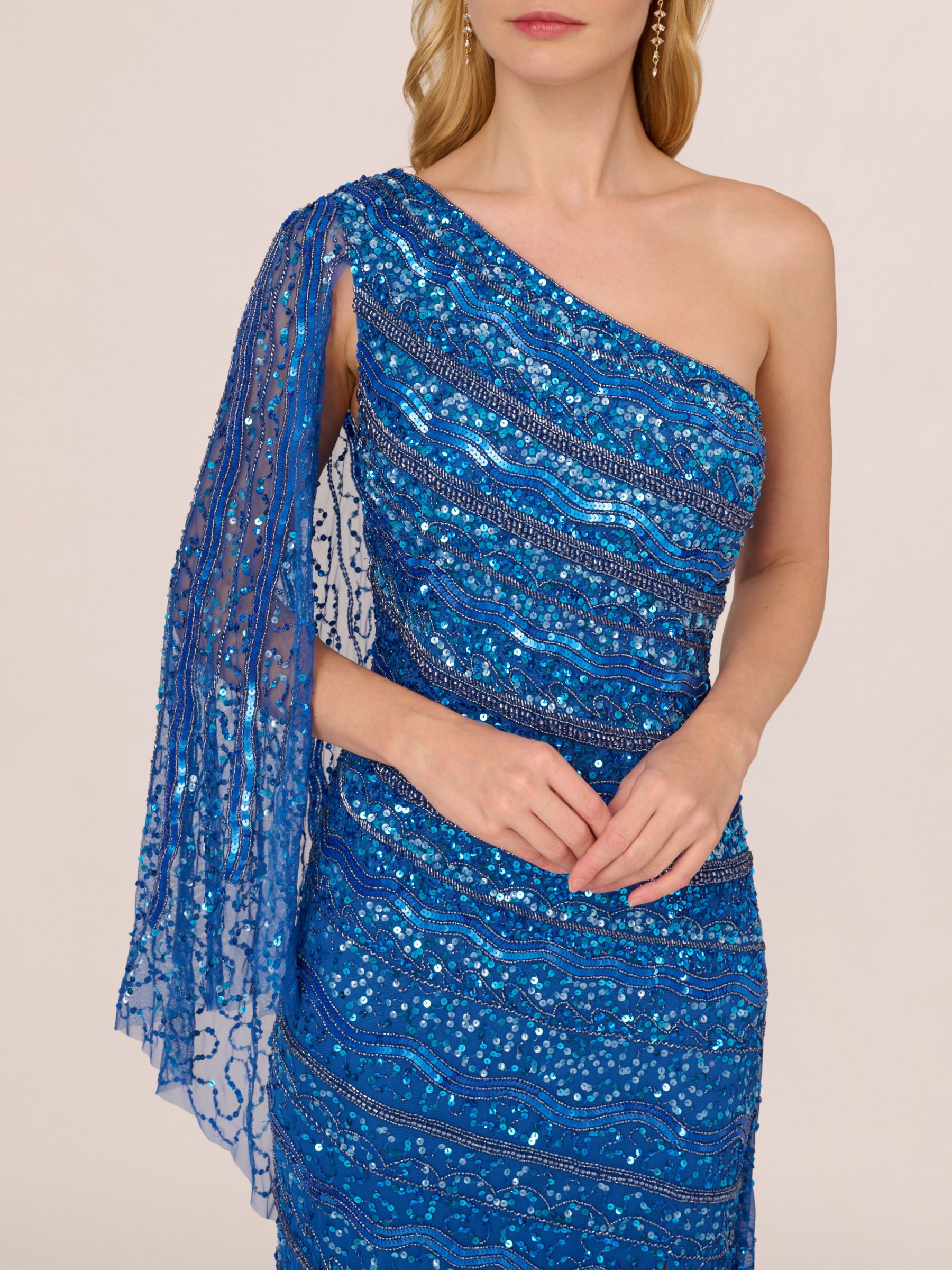 Adrianna Papell One Shoulder Beaded Maxi Dress, Blue Horizon, 18