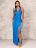 Aidan Mattox by Adrianna Papell Halter Neck Draped Maxi Dress, Blue Horizon