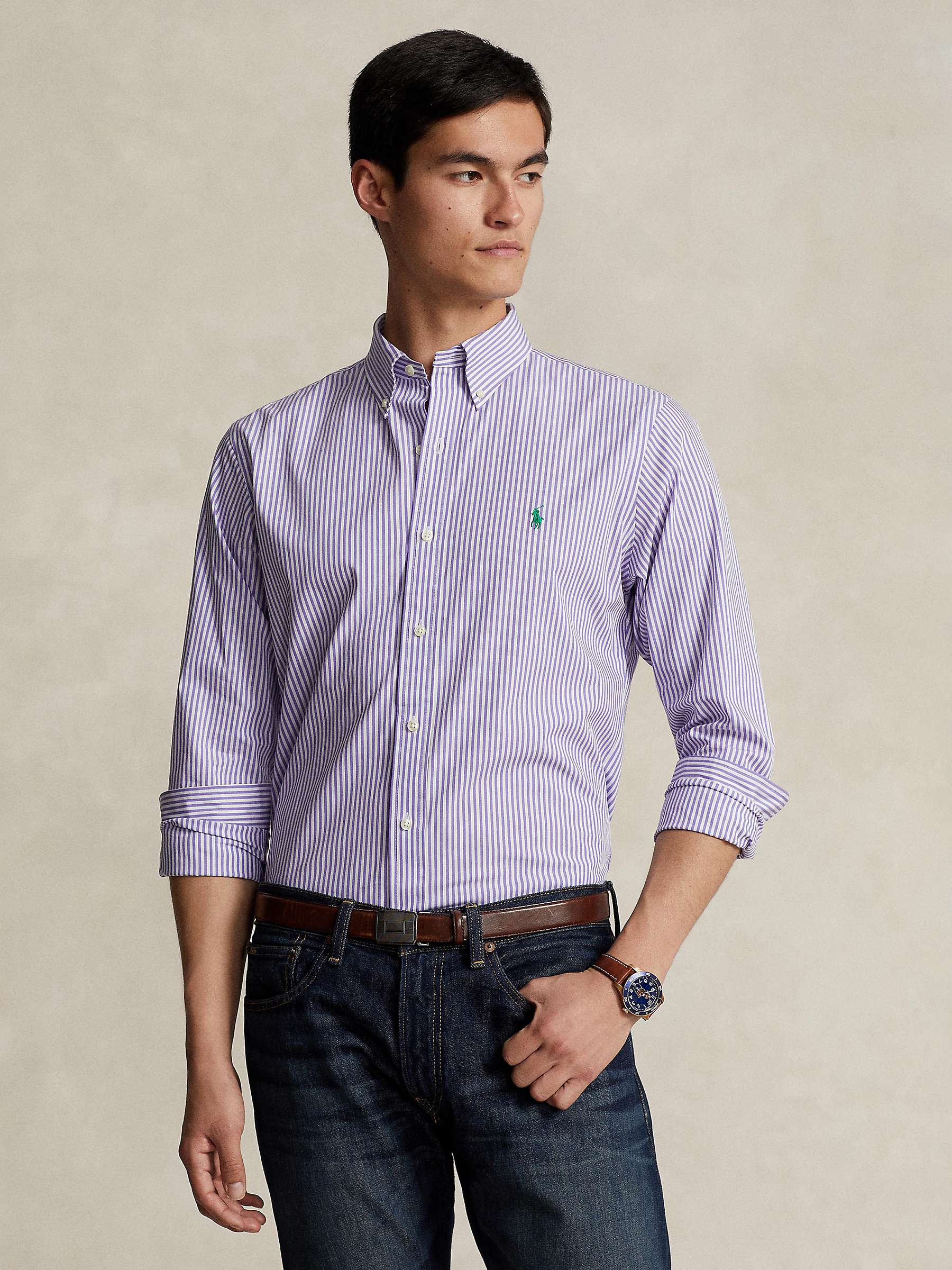 Buy Ralph Lauren Tailored Fit Plaid Stretch Poplin Stripe Shirt, Lavender/White Online at johnlewis.com