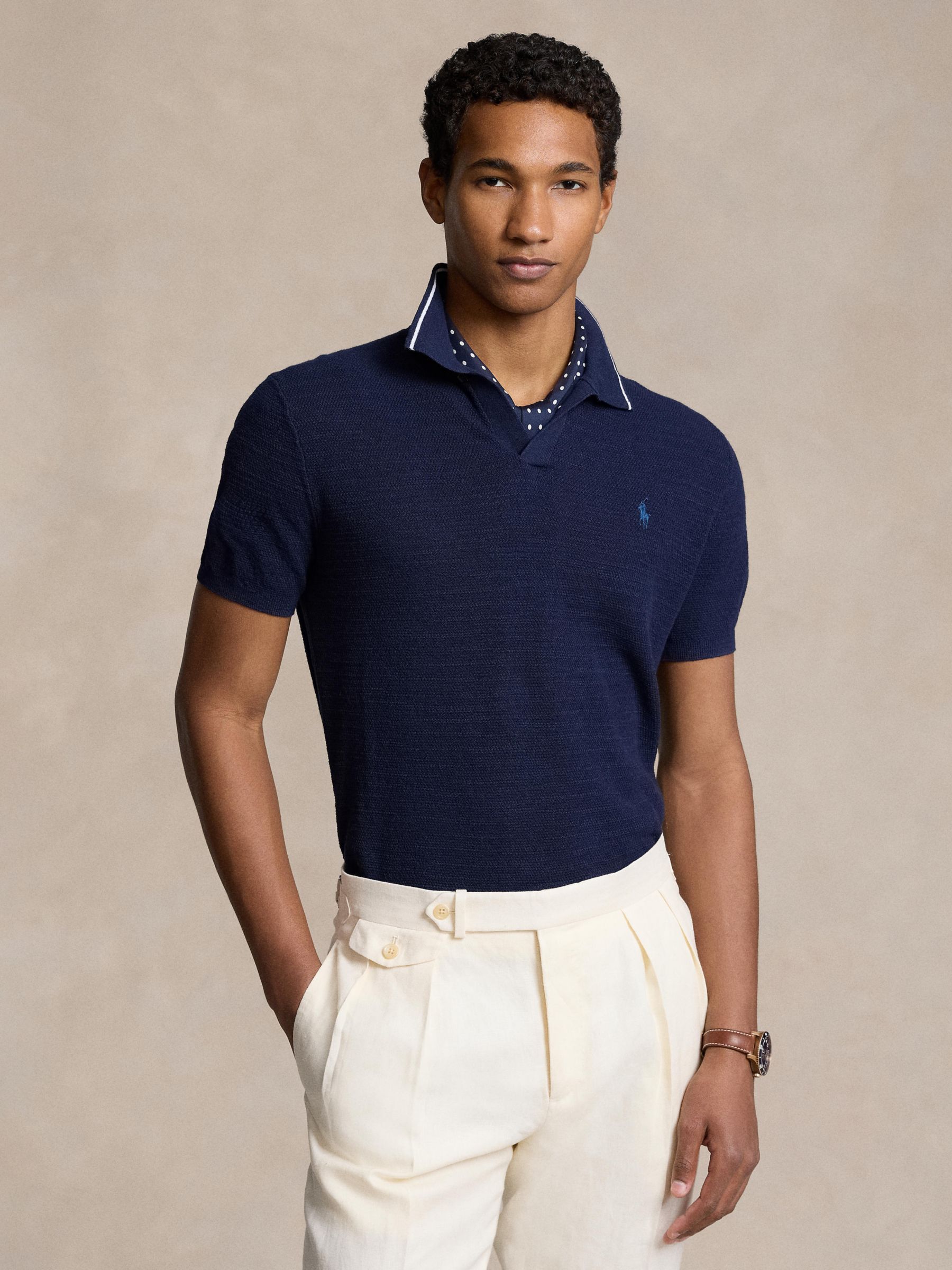 Ralph Lauren Linen Blend Polo Shirt, Bright Navy, M